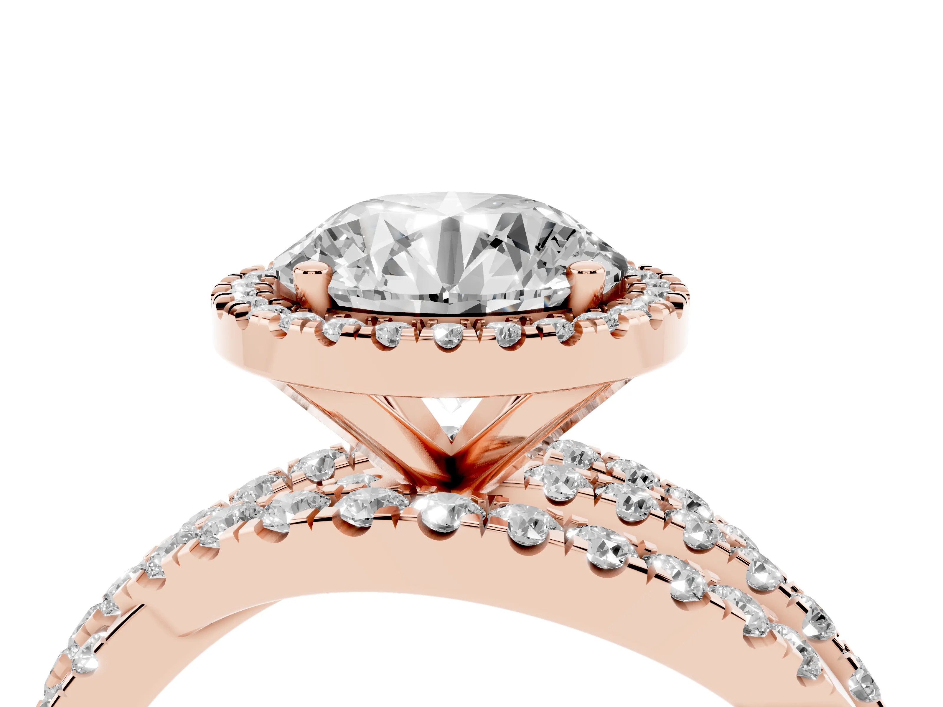 Round Cut Diamond Halo Ring Set in Rose gold with Round Crossover Split Shank and Prong Setting