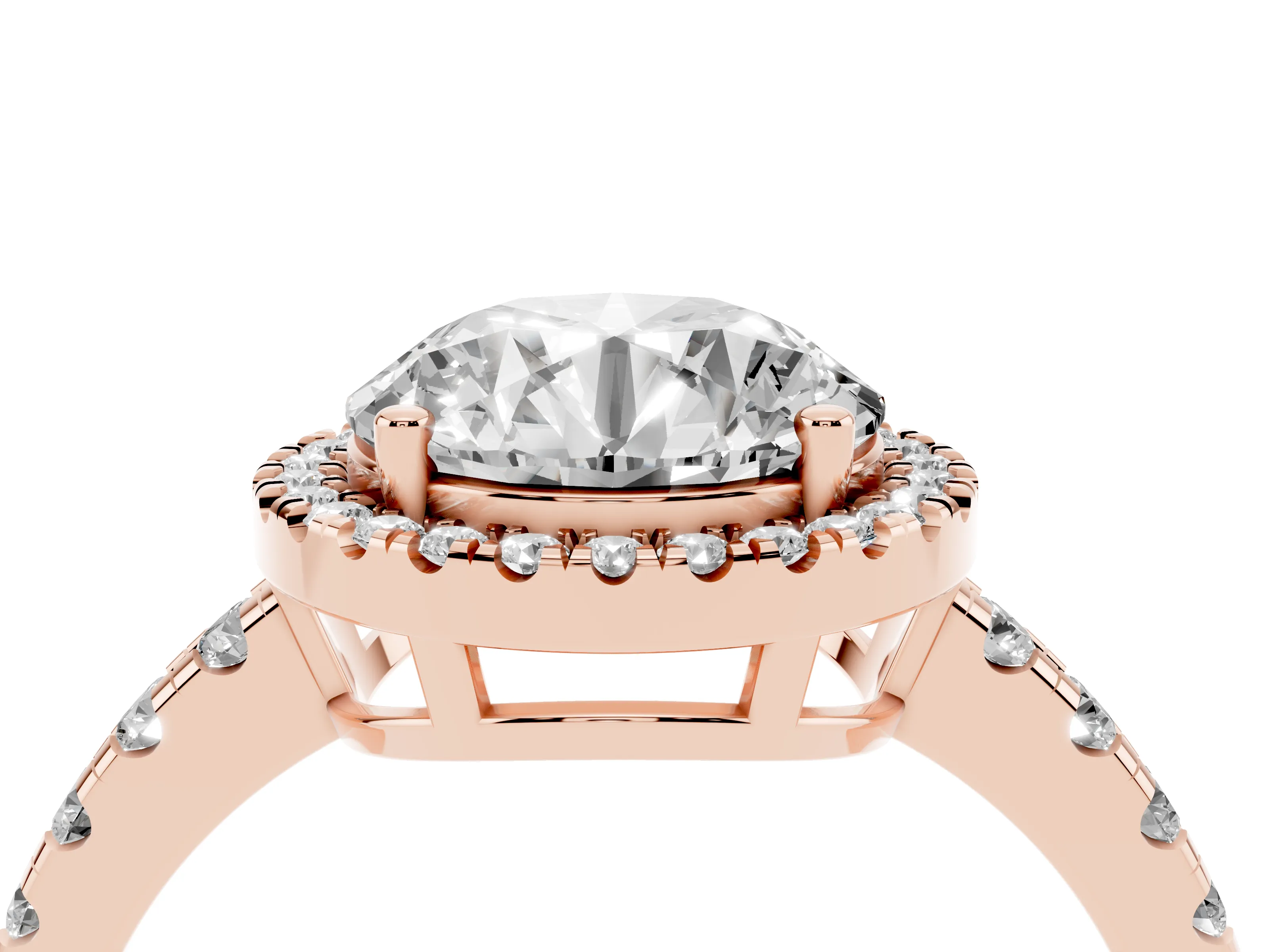 Round Cut Diamond Halo Ring Set in Rose gold with Delicate Pavé Band and Prong Setting