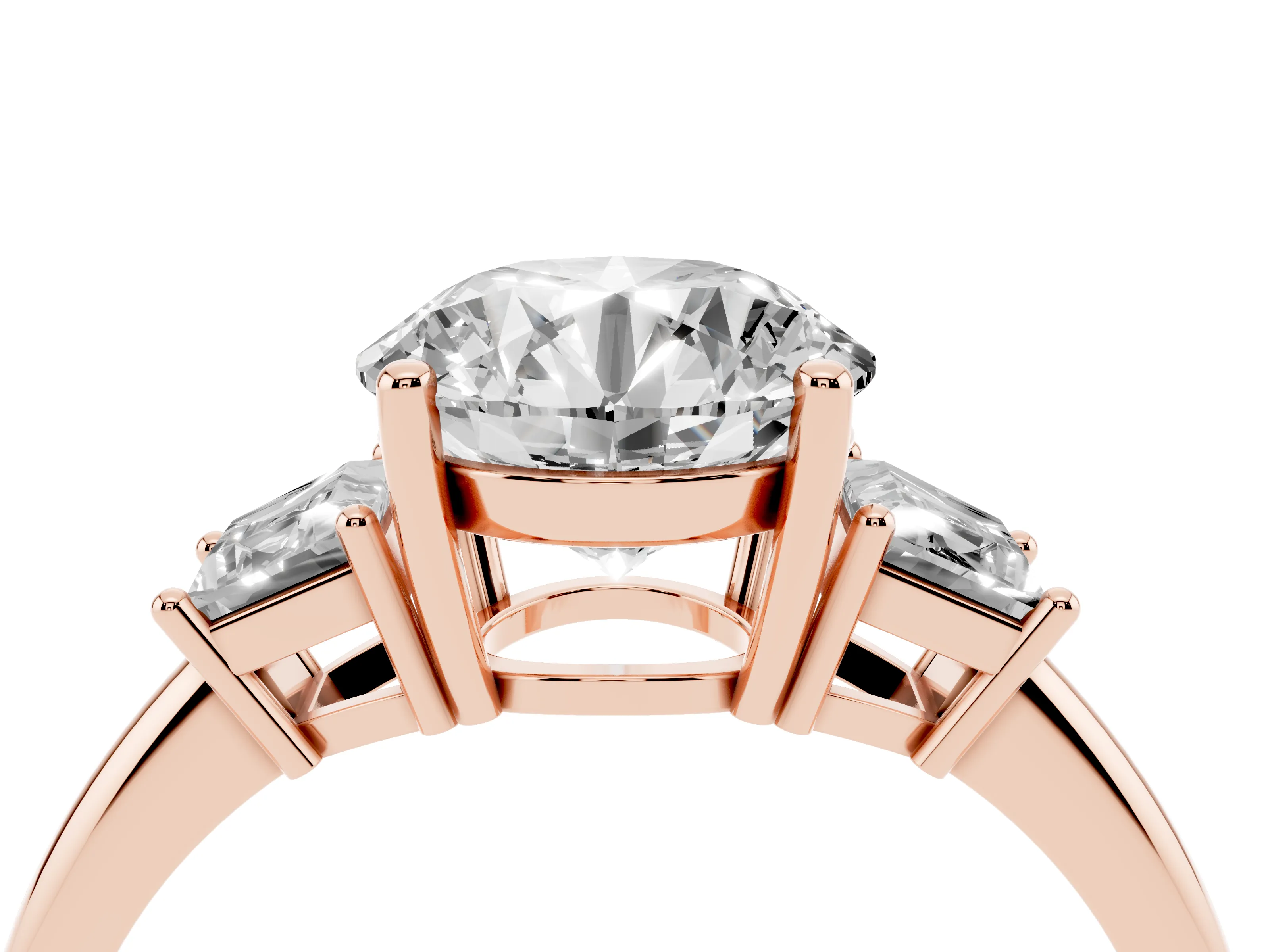 Round Cut Diamond Three-Stone Ring Set in Rose gold with Trapezoid Side Stones and Prong Setting