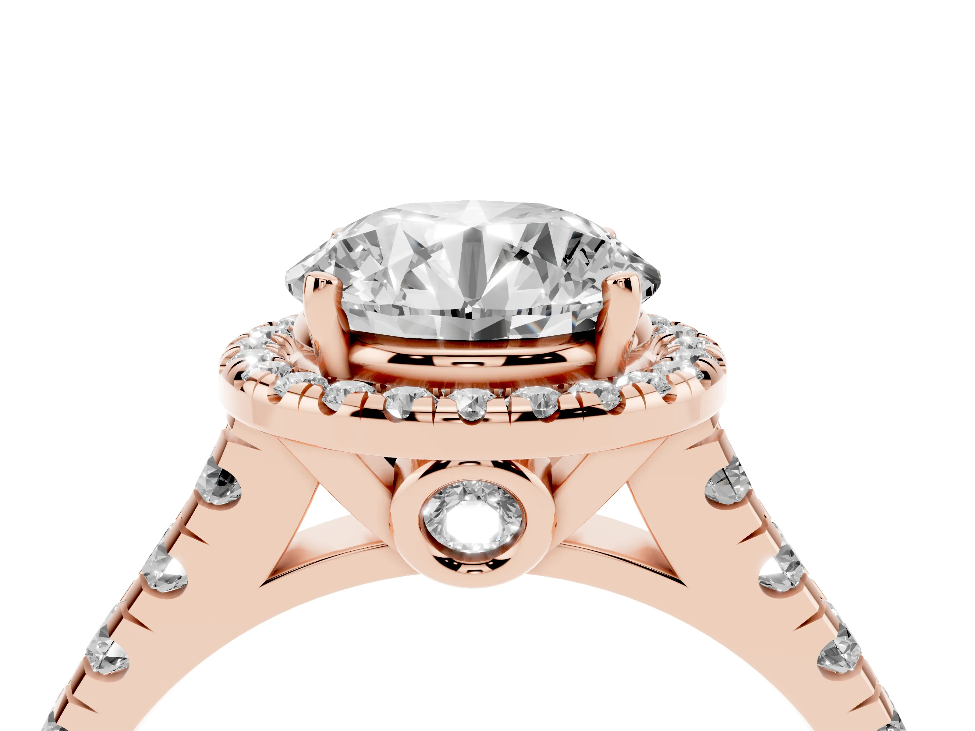 Round Cut Diamond Halo Engagement Ring Set in Rose gold with Pavé Band and Prong-Set Center