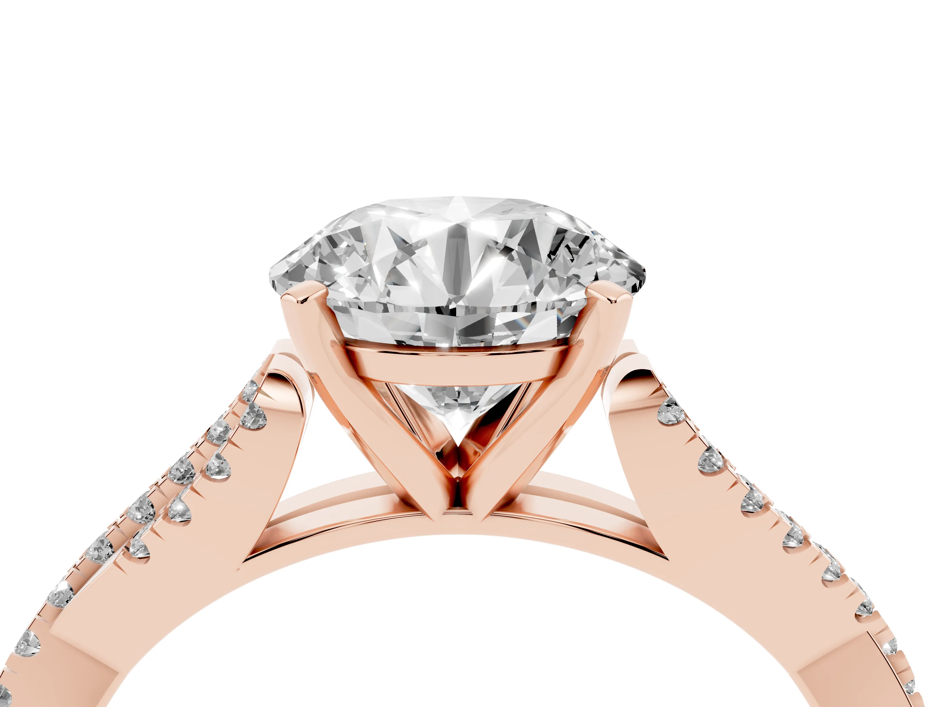 Round Cut Diamond Solitaire Engagement Ring Set in Rose gold with Twisted Pavé Band and Prong Setting