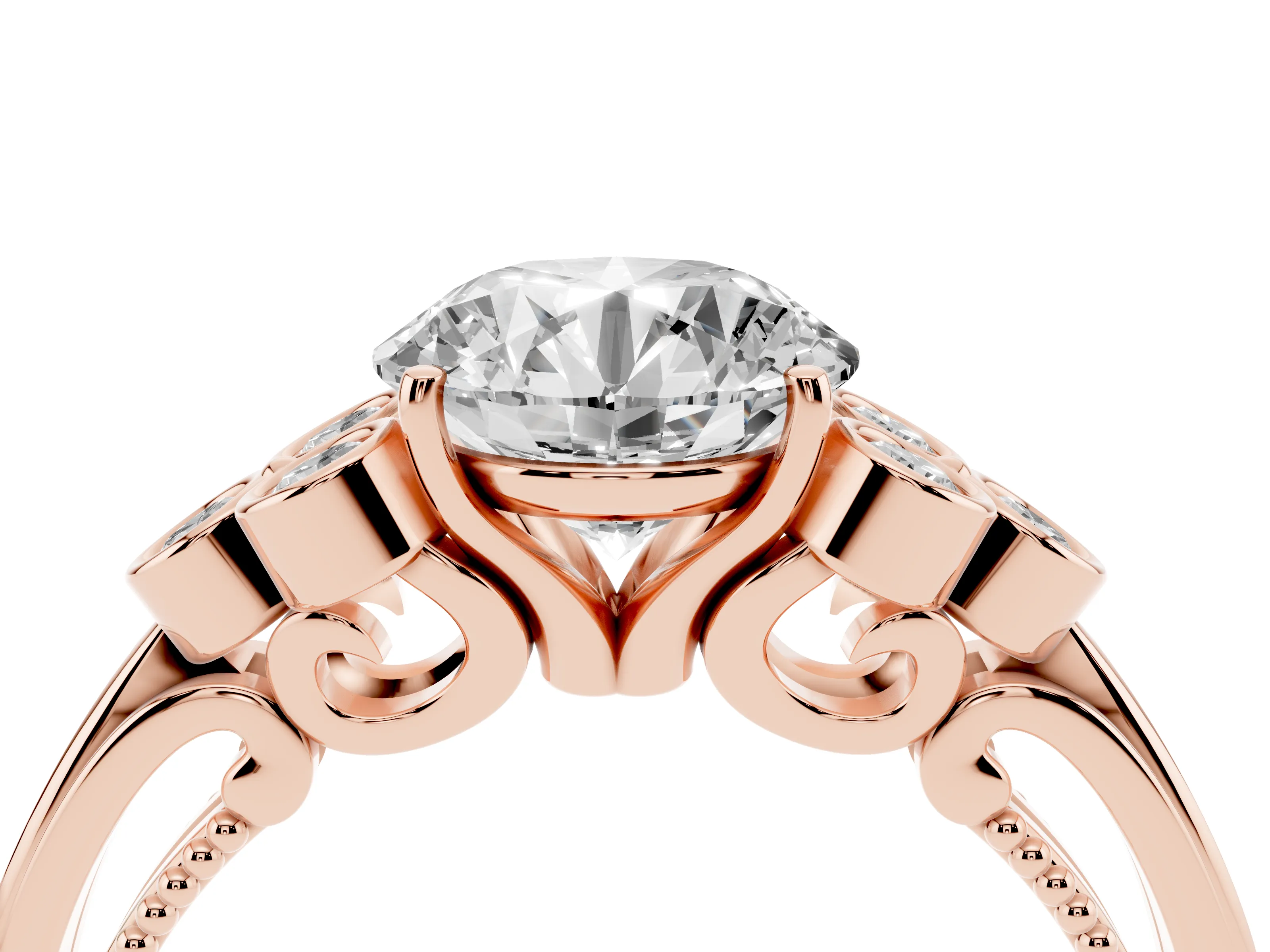 Round Cut Diamond Engagement Ring Set in Rose gold with Bezel Set Round Side Stones and Prong Setting