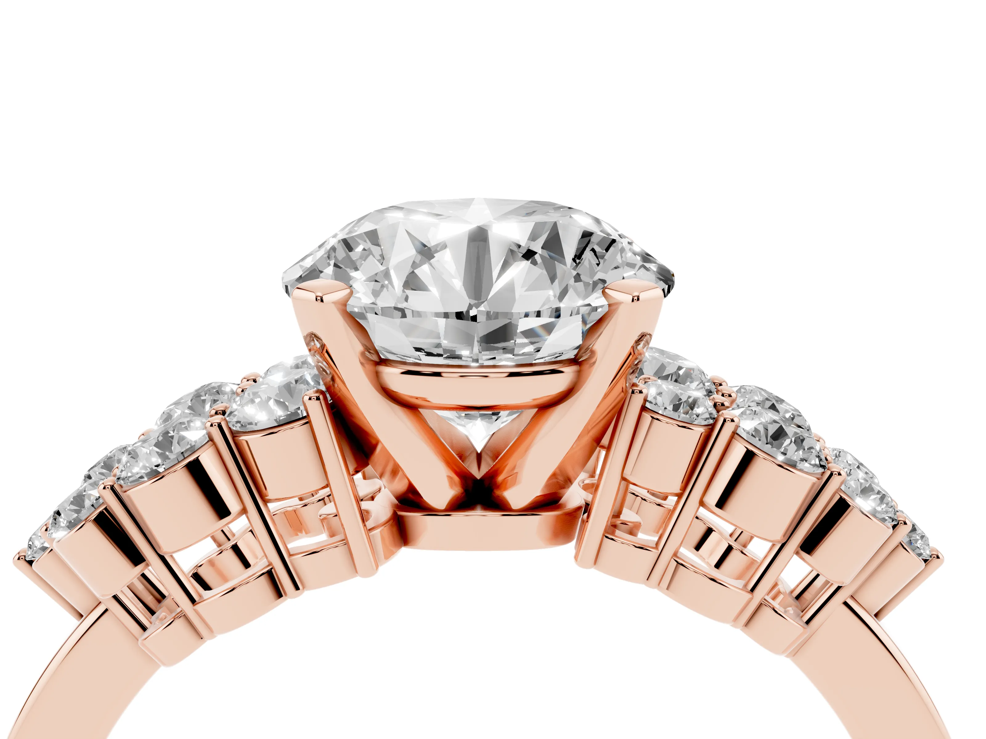 Round Cut Diamond Cluster Engagement Ring Set in Rose gold with Pavé Band and Prong Setting
