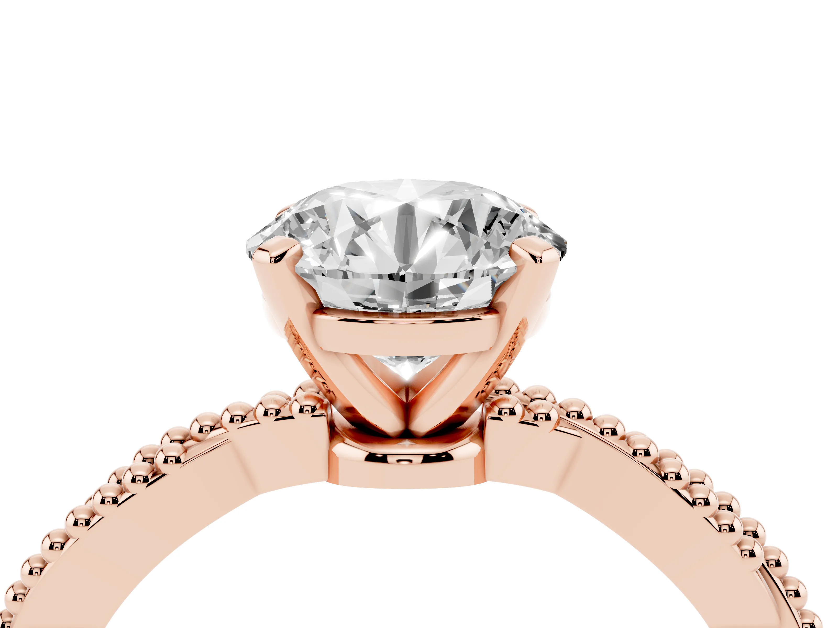 Round Cut Diamond Solitaire Ring Set in Rose gold with Twisted Band and Bead Prong Setting