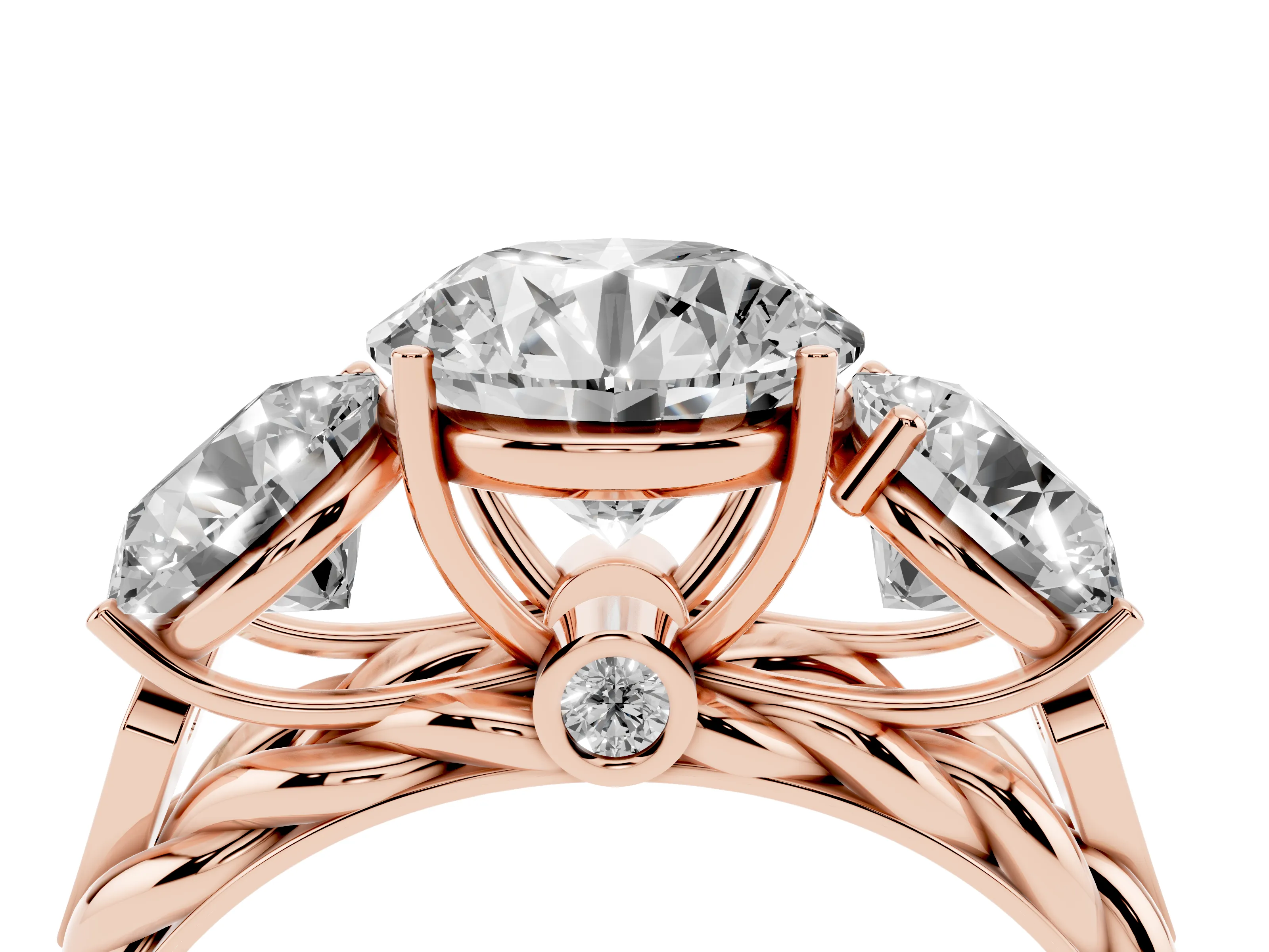Round Cut Diamond Three-Stone Ring Set in Rose gold with Braided Band