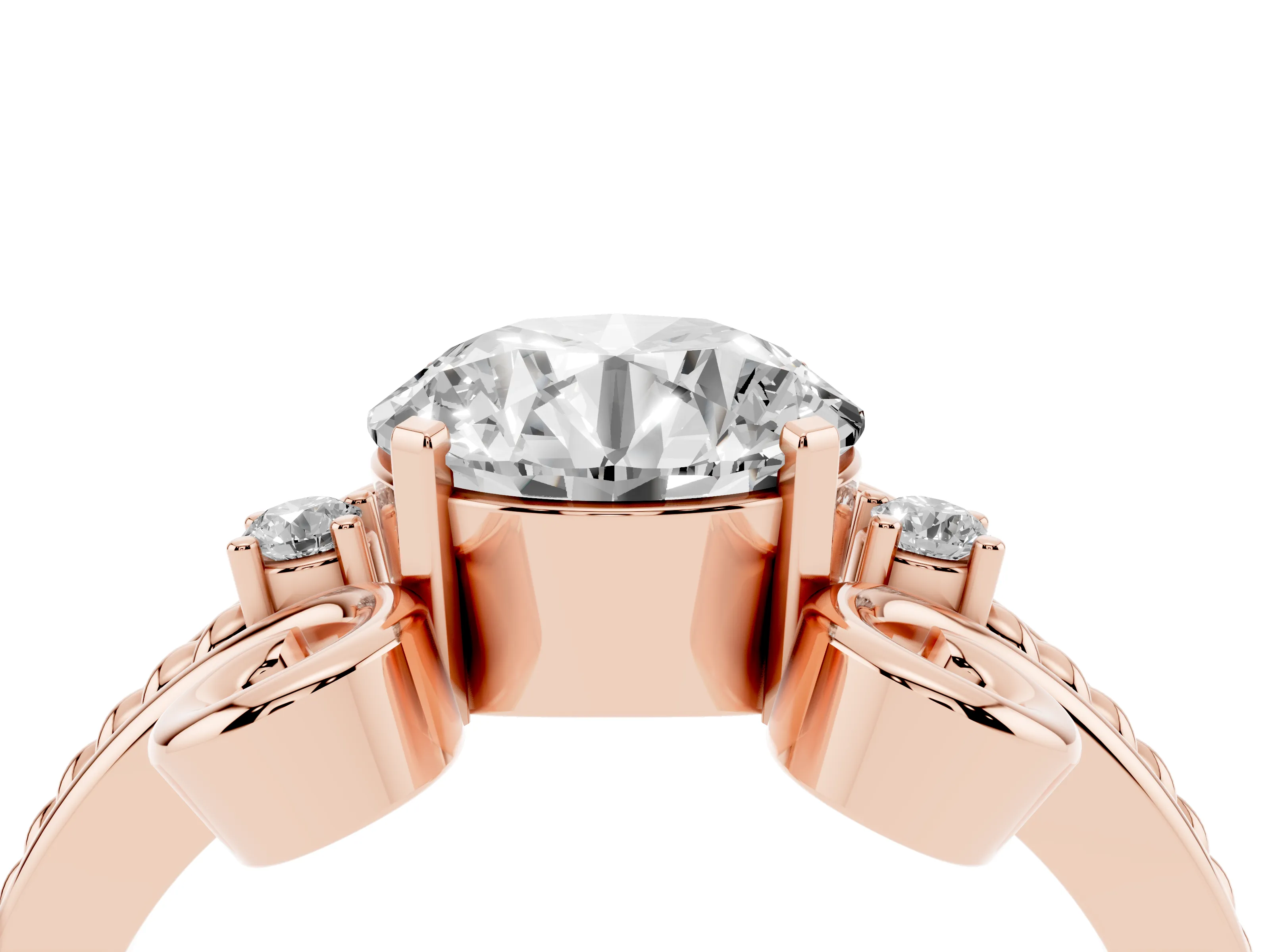 Round Cut Diamond Twisted Band Solitaire Ring Set in Rose gold with Scroll Prongs