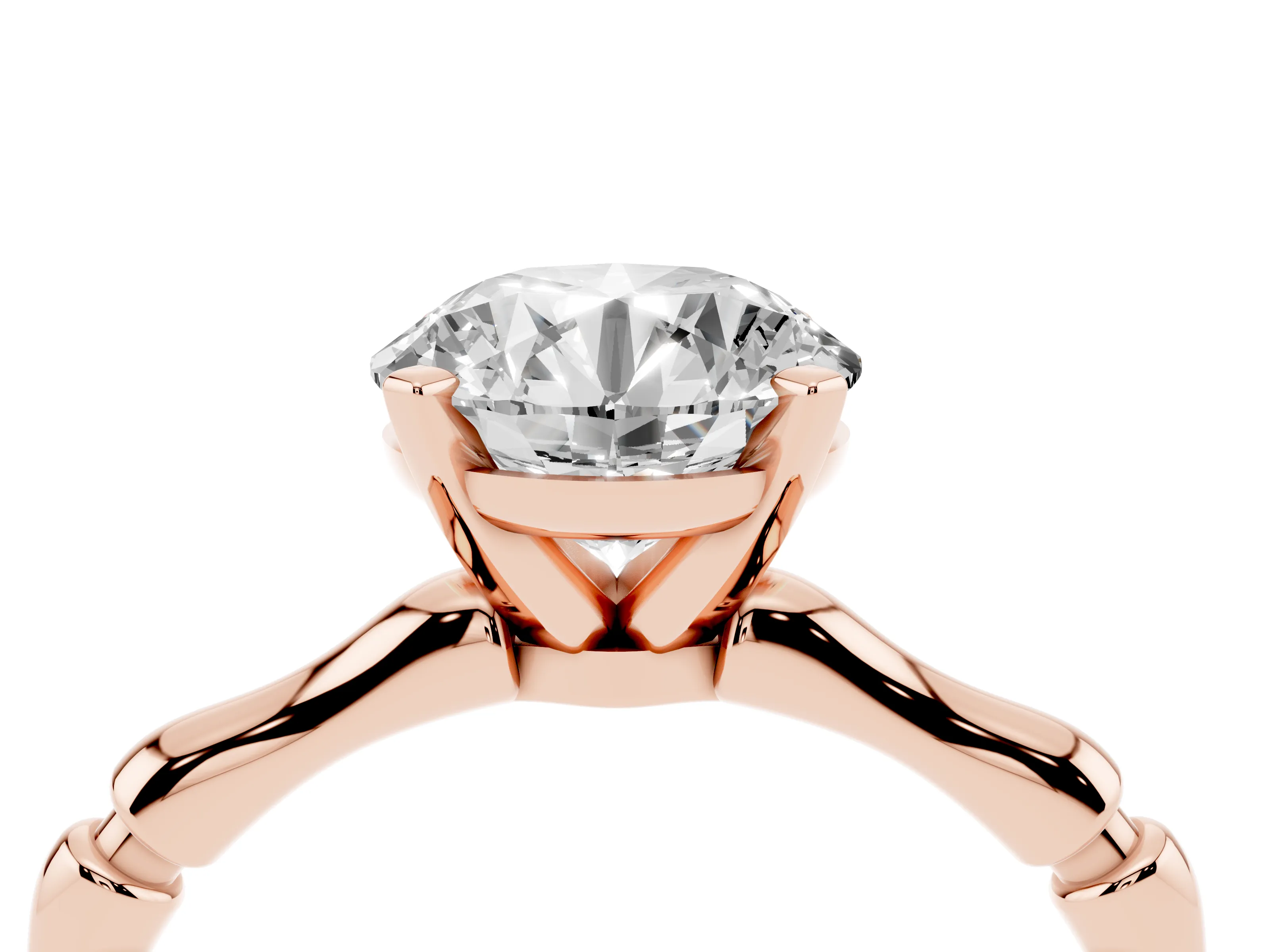 Round Cut Diamond Solitaire Ring Set in Rose gold with Bamboo Band and Prong Setting