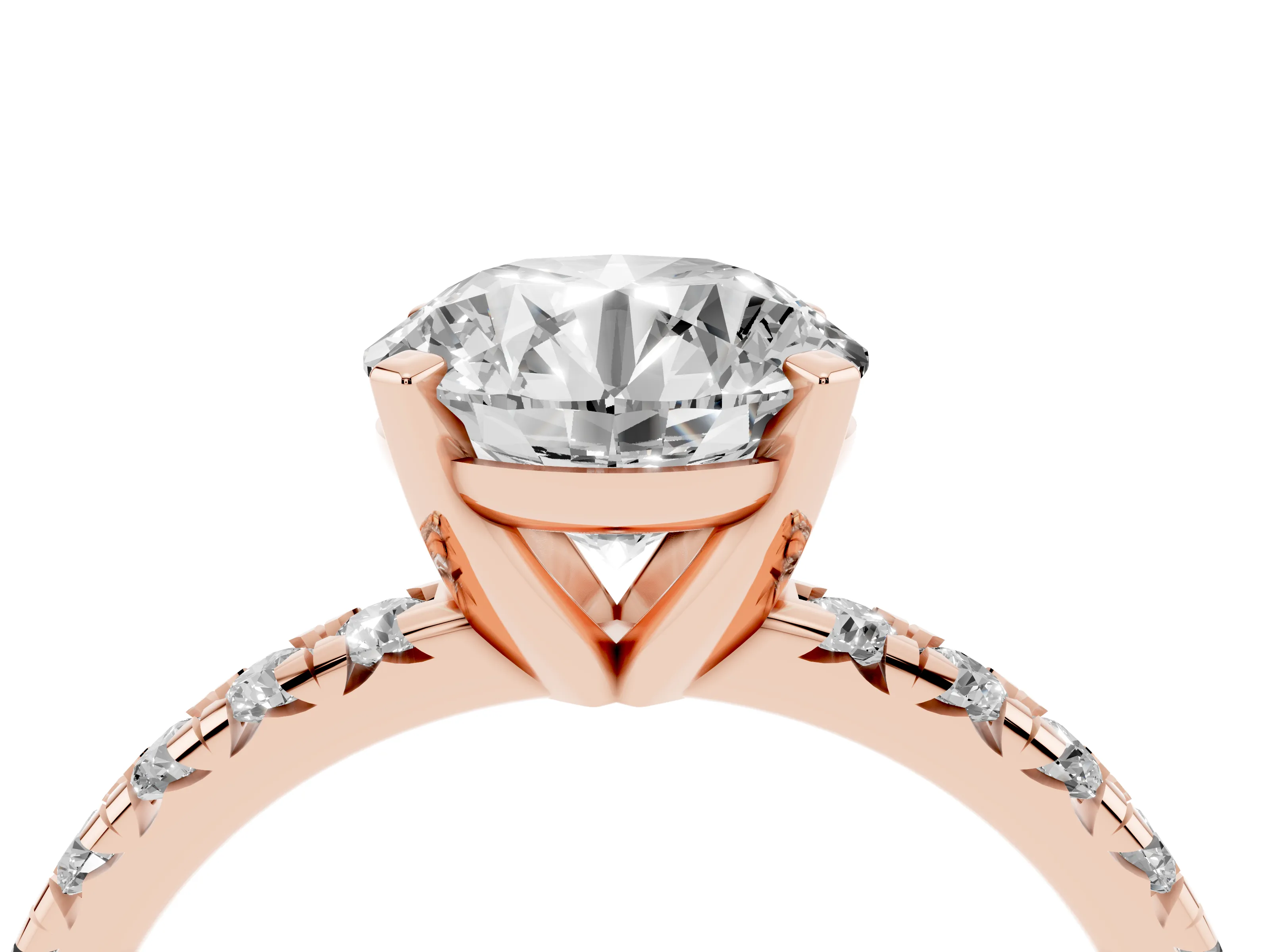 Round Cut Diamond Solitaire Pavé Engagement Ring Set in Rose gold with Round Band and Prong Setting