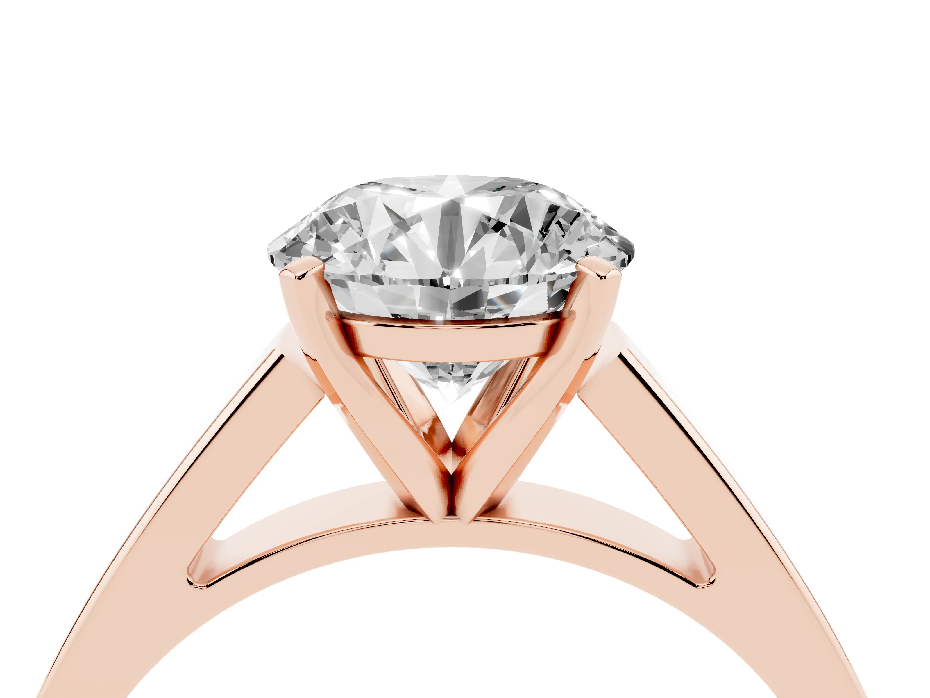 Round Cut Diamond Solitaire Engagement Ring Set in Rose gold with Prong Setting and Tapered Band