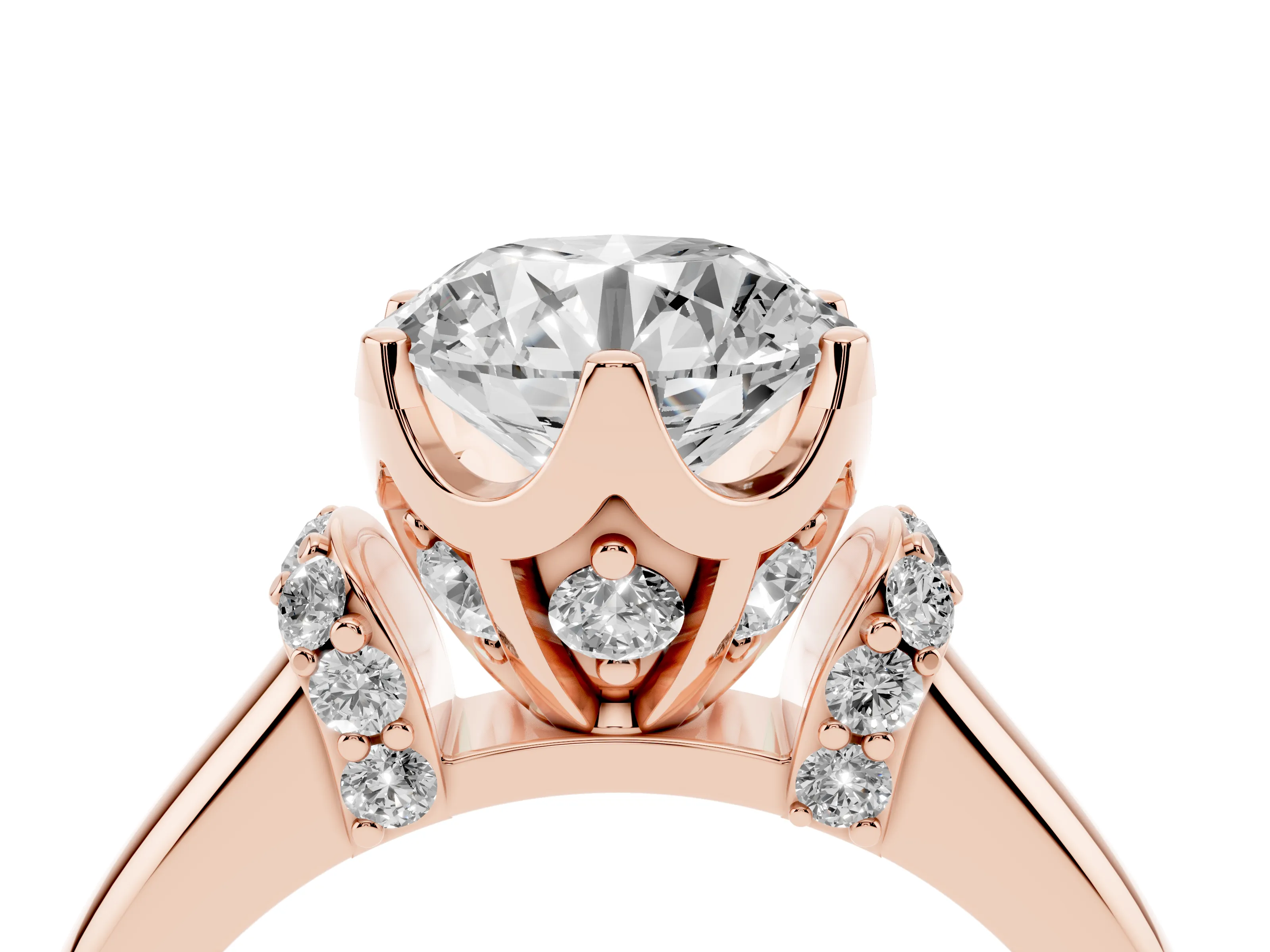 Round Cut Diamond Cathedral Solitaire Engagement Ring Set in Rose gold with Pavé Accents