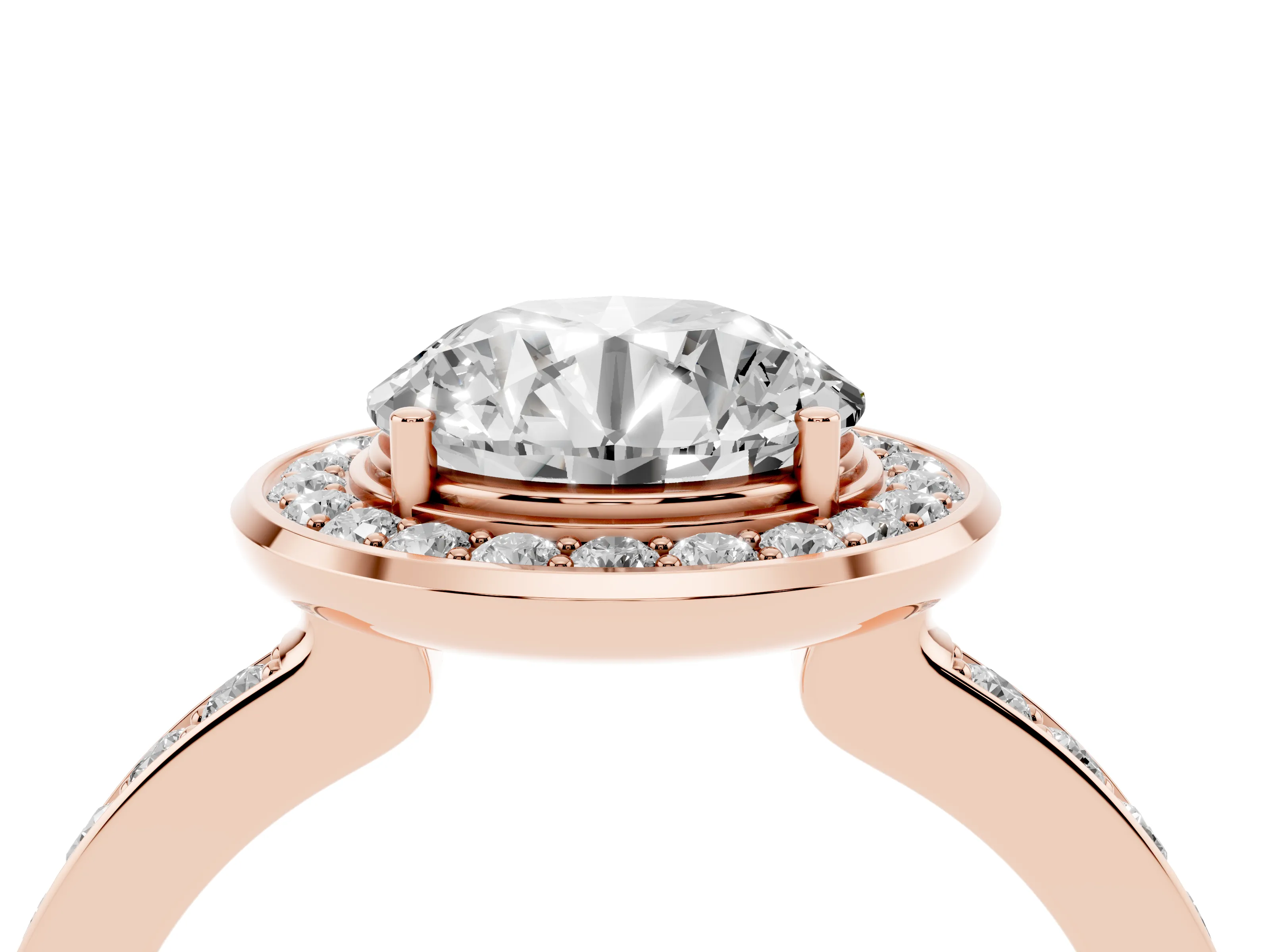 Round Cut Diamond Halo Ring Set in Rose gold with Bezel Frame and Pavé Band