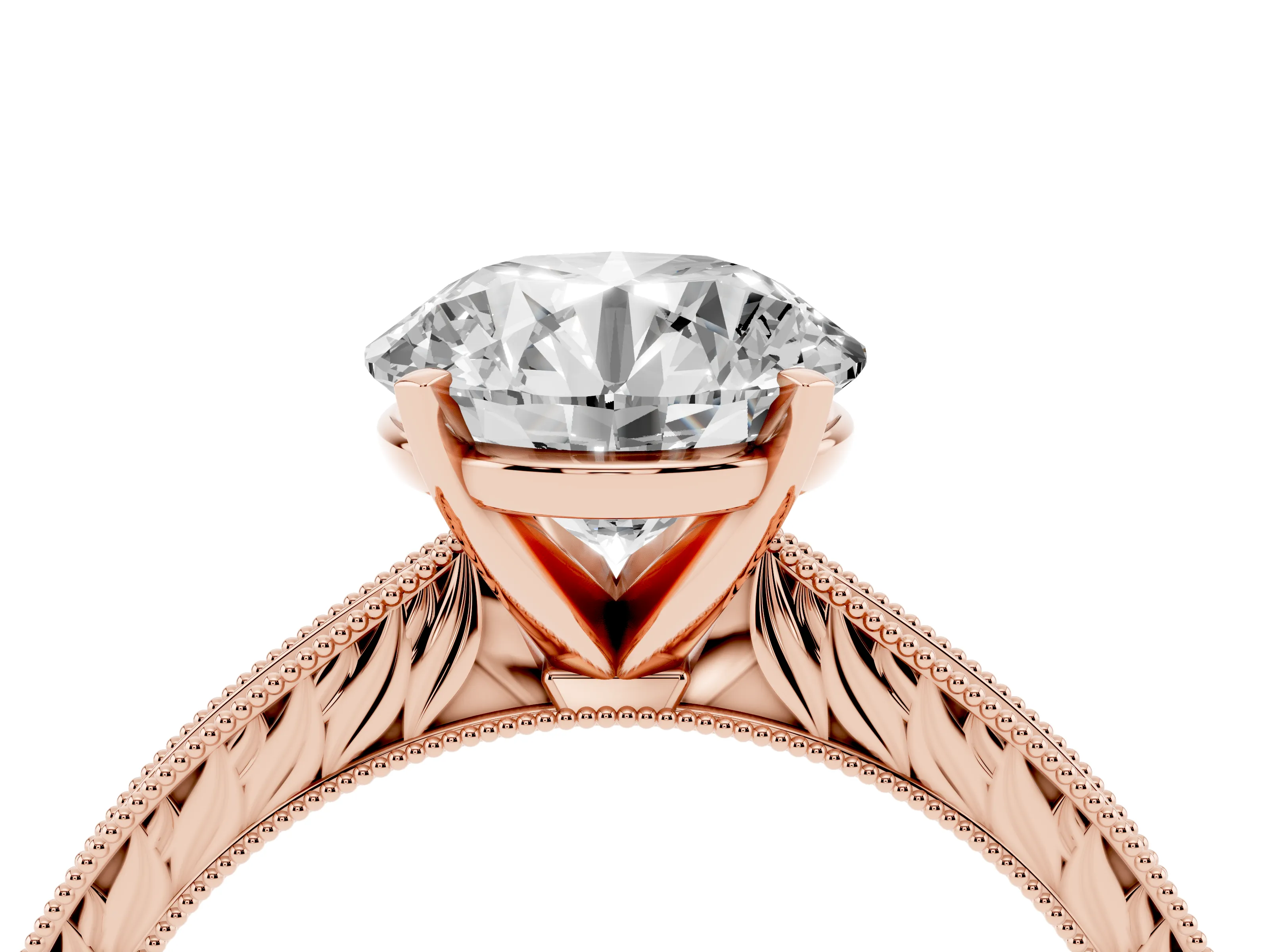 Round Cut Diamond Solitaire Milgrain Engraved Band Set in Rose gold with Prong Setting