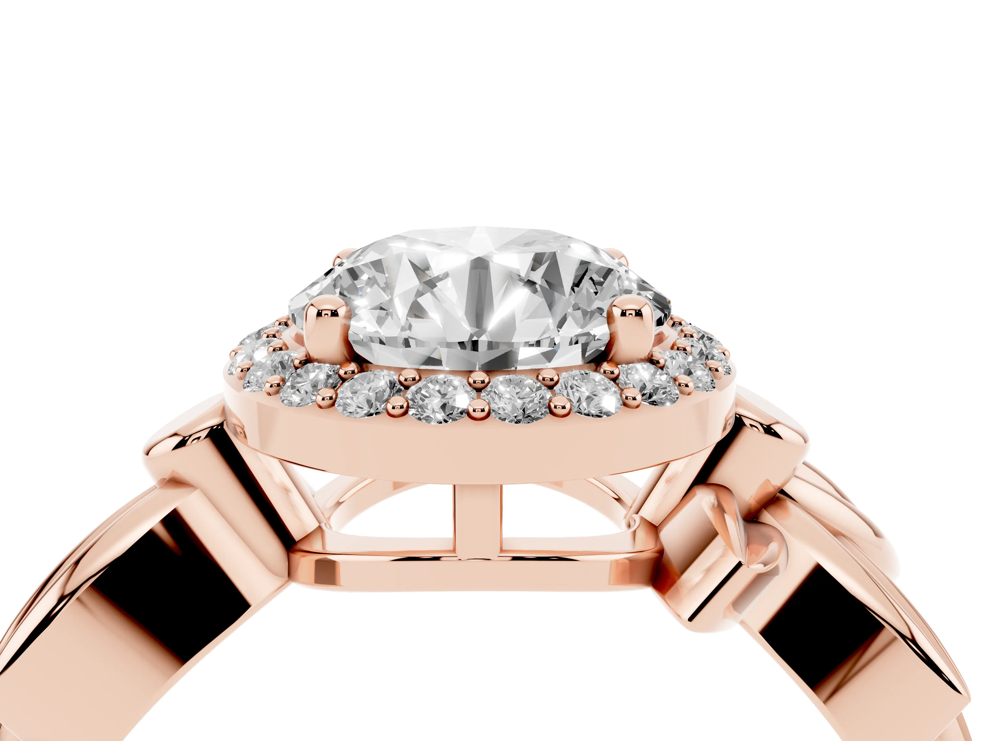 Round Cut Diamond Halo Floral Band Ring Set in Rose gold with Prong Setting