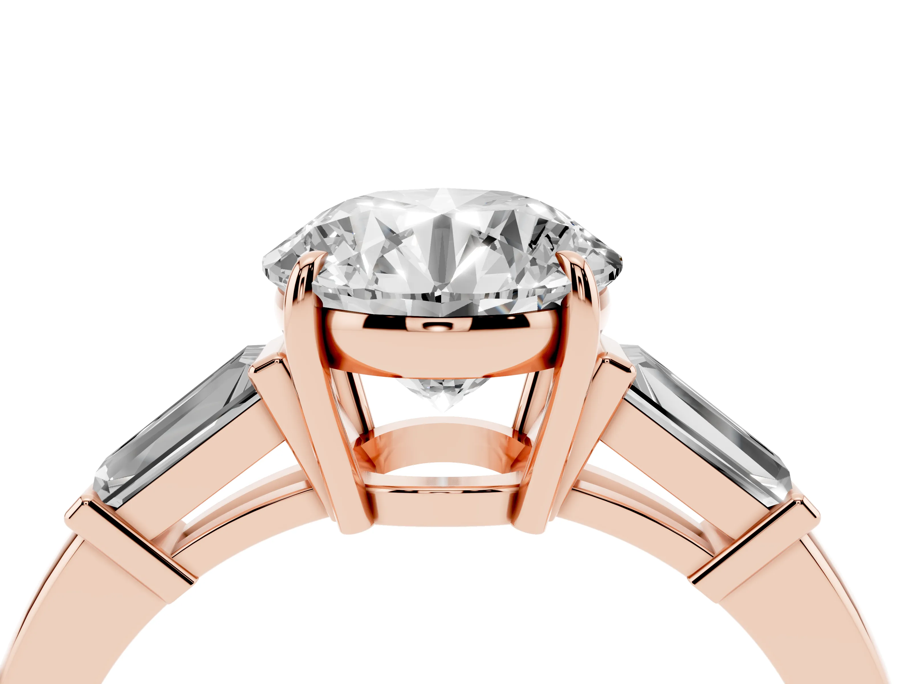 Round Cut Diamond Three-Stone Ring Set in Rose gold with Tapered Baguette Side Stones and Prong Setting