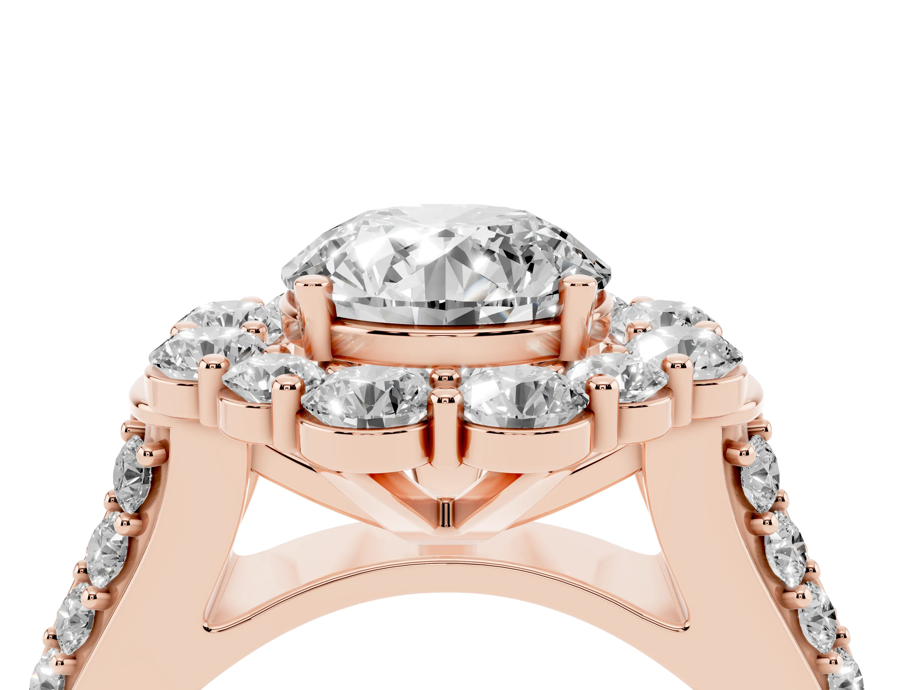 Round Cut Diamond Halo Engagement Ring Set in Rose gold with Split Shank and Prong Setting