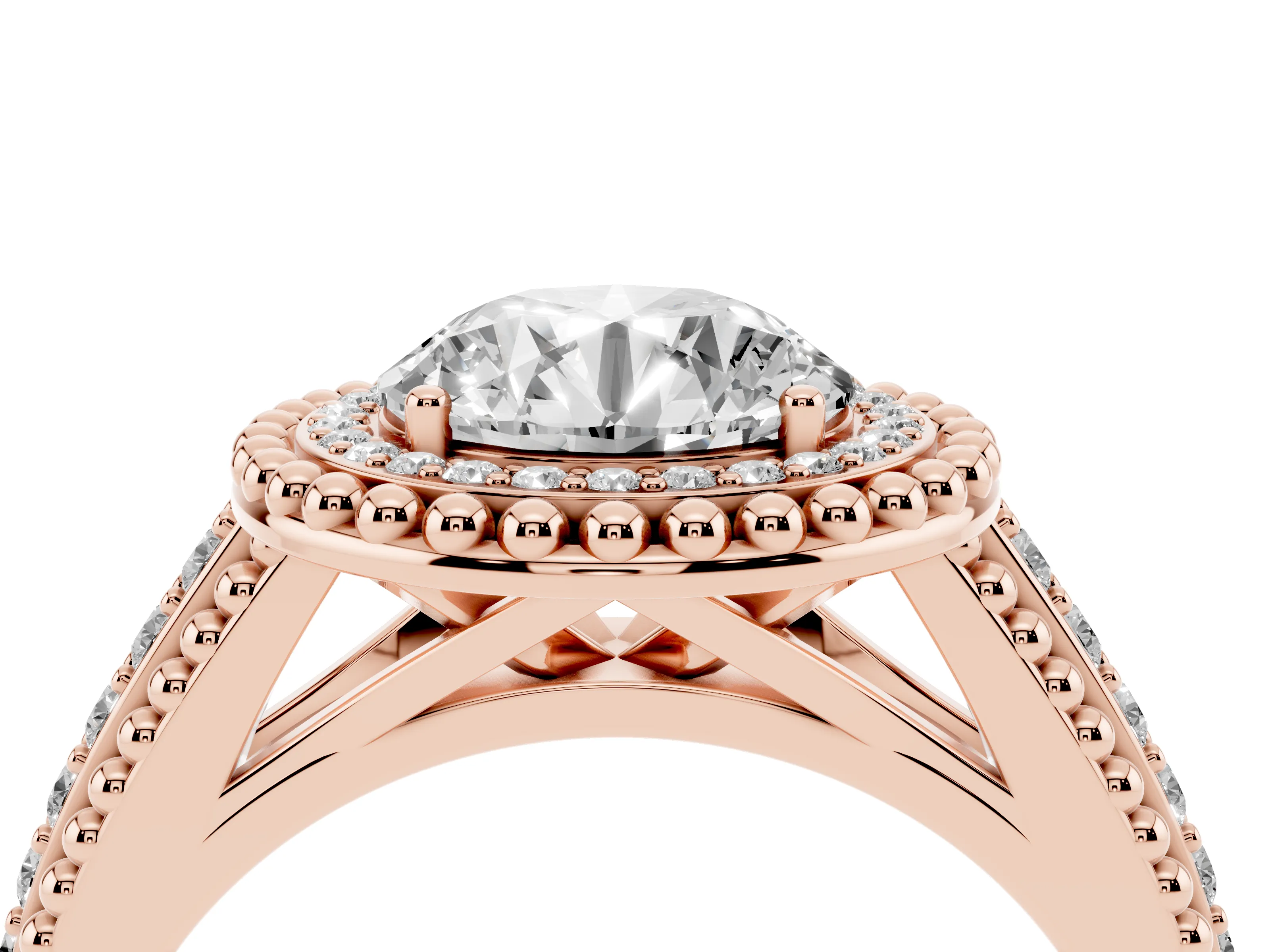 Round Cut Diamond Halo Ring Set in Rose gold with Beaded Split Shank and Prong Setting