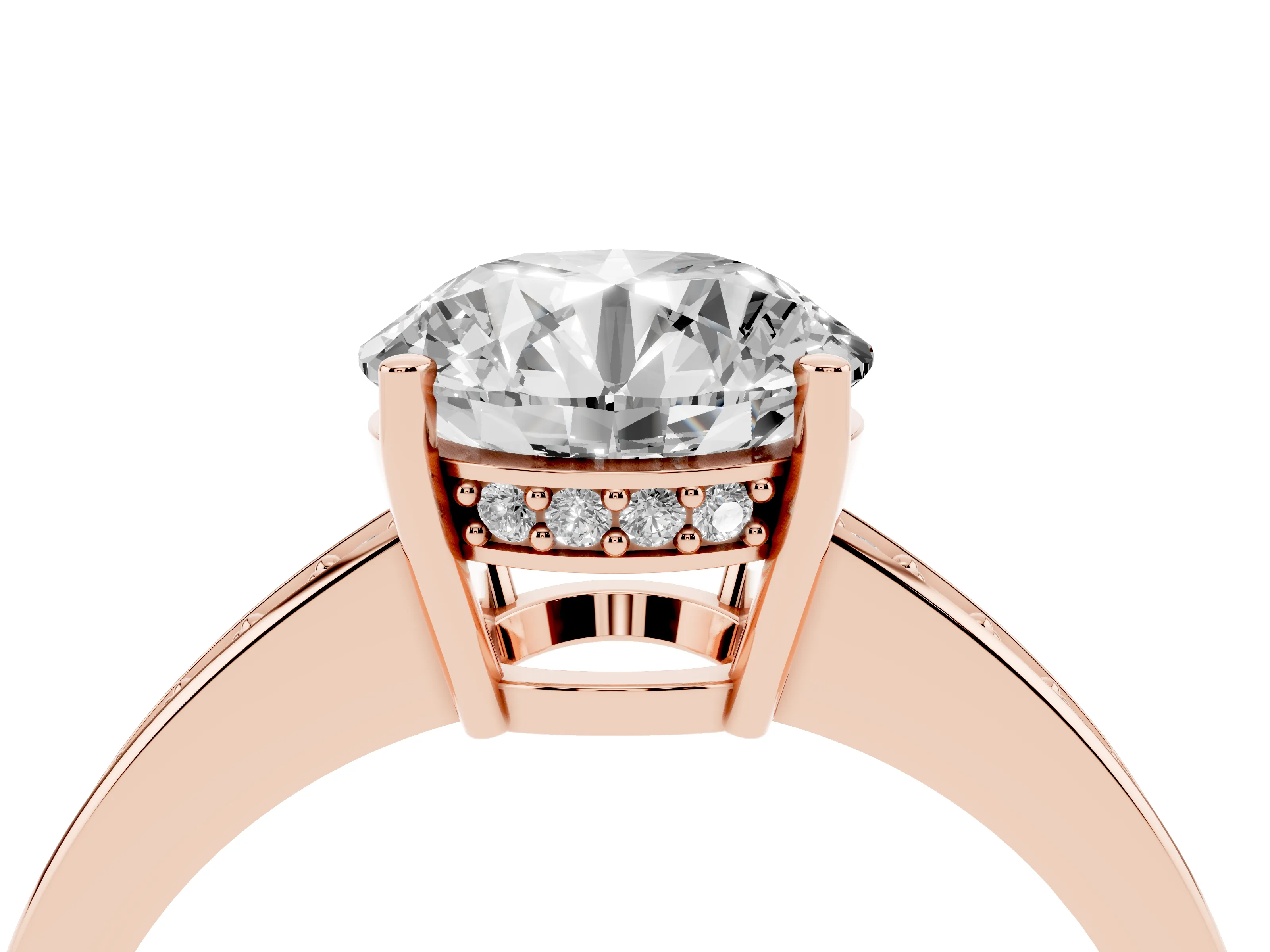Round Cut Diamond Pavé Band Prong Set Solitaire Ring Set in Rose gold