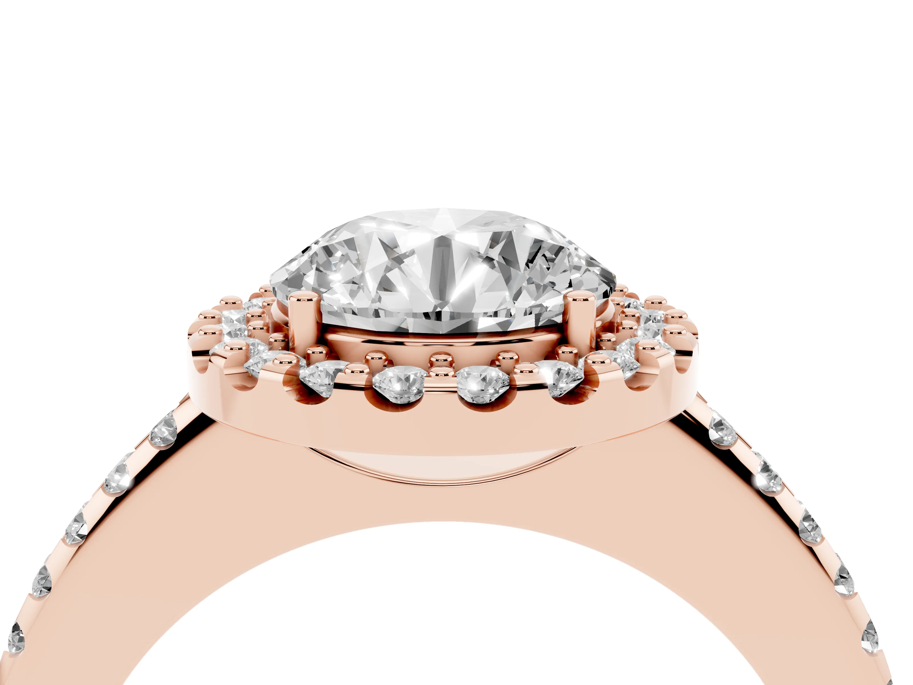 Round Cut Diamond Pavé Halo Ring Set in Rose gold with Prong Setting