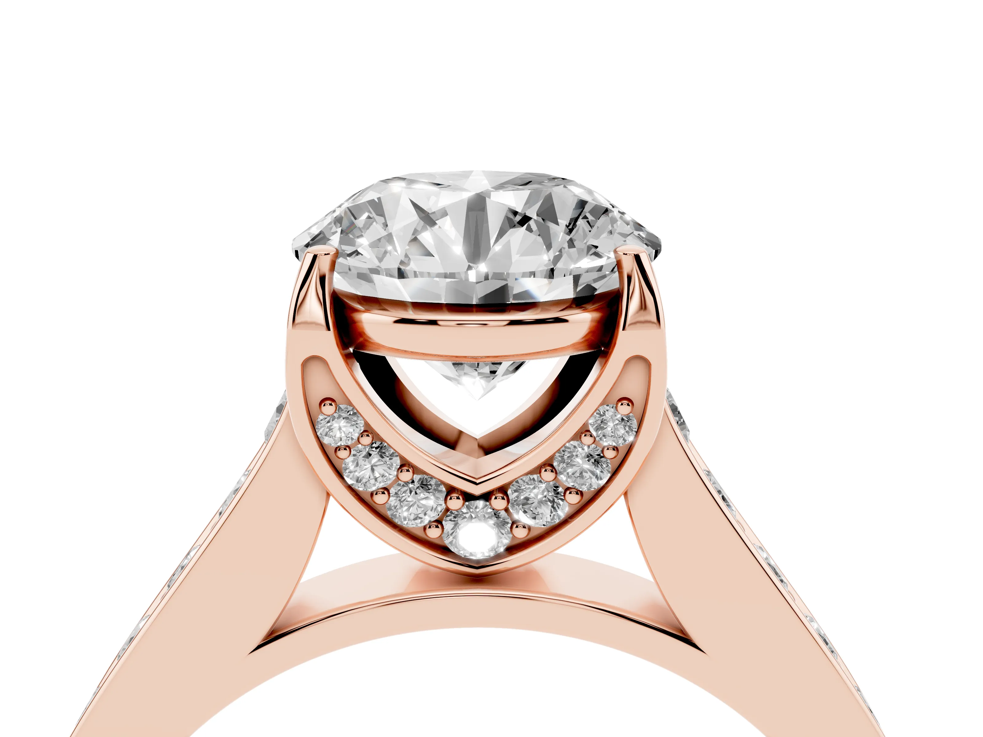 Round Cut Diamond Solitaire Pavé Engagement Ring Set in Rose gold with Prong Setting