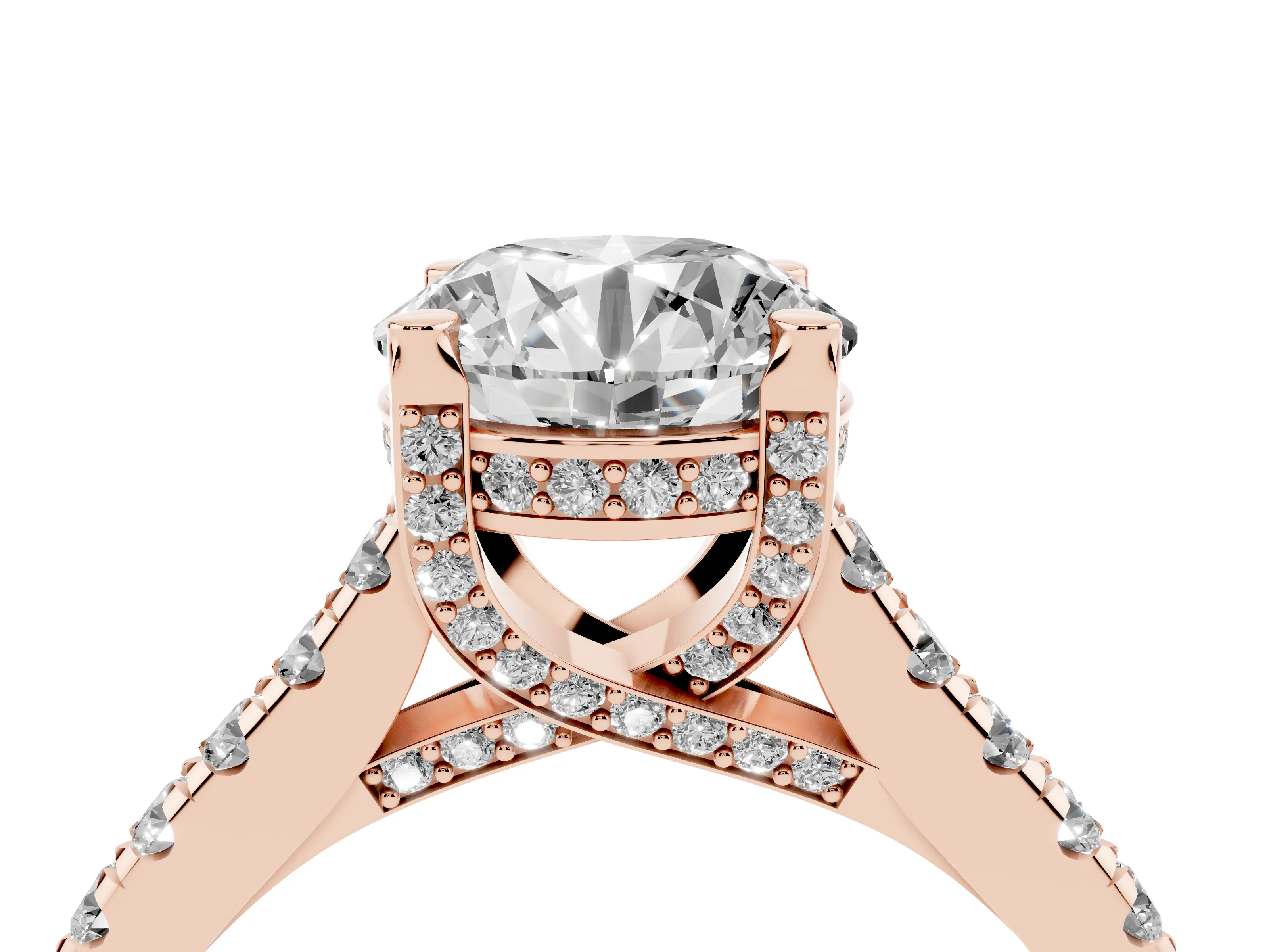 Round Cut Diamond Solitaire Ring Set in Rose gold with Brilliant Pavé Band and Prong Setting