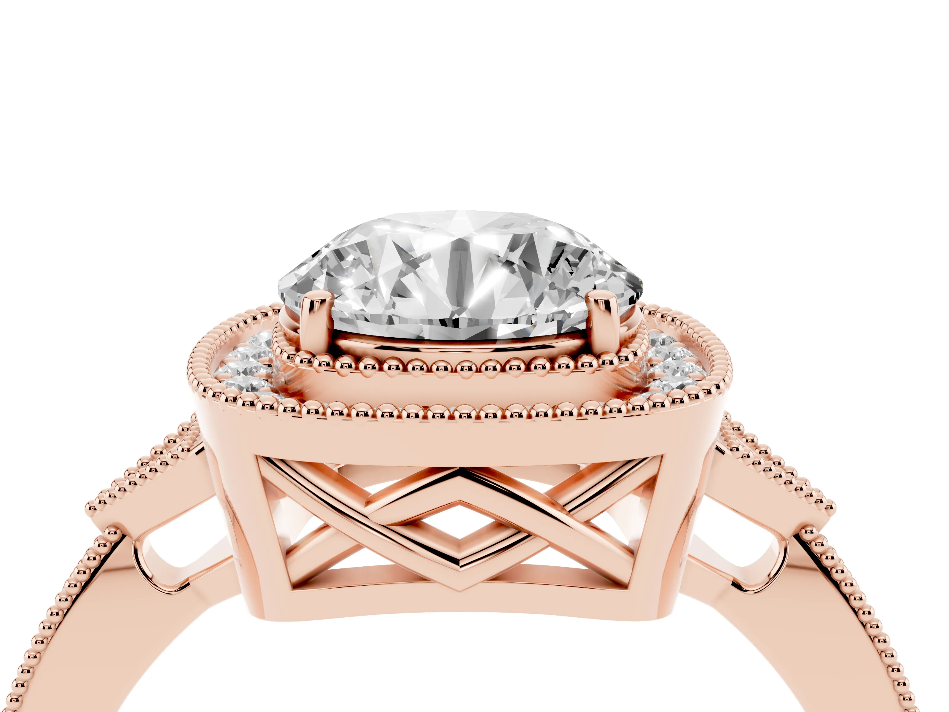 Round Cut Diamond Halo Engagement Ring Set in Rose gold with Milgrain Pavé Band