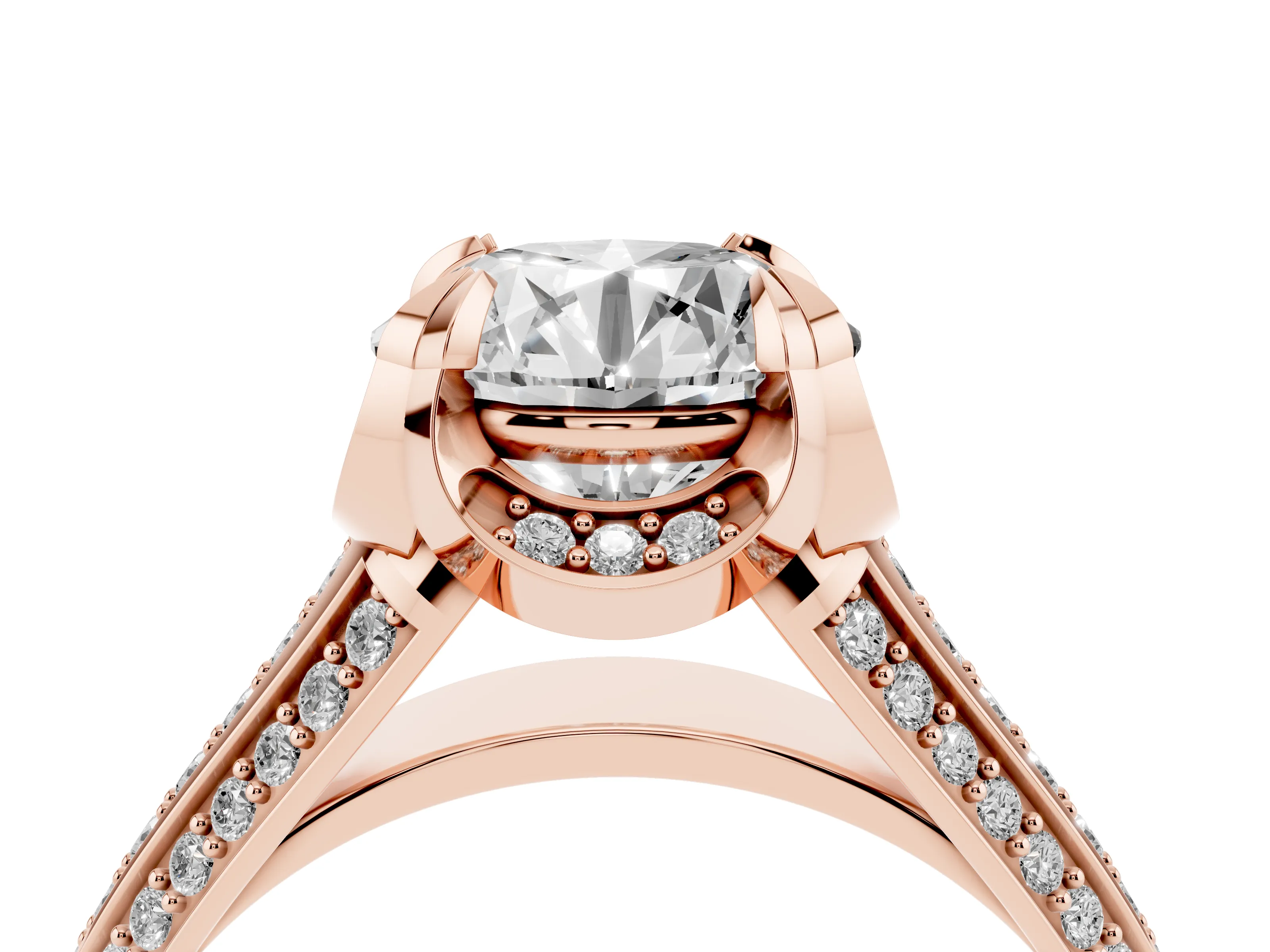 Round Cut Diamond Pavé Split Shank Solitaire Ring Set in Rose gold with Prong Setting