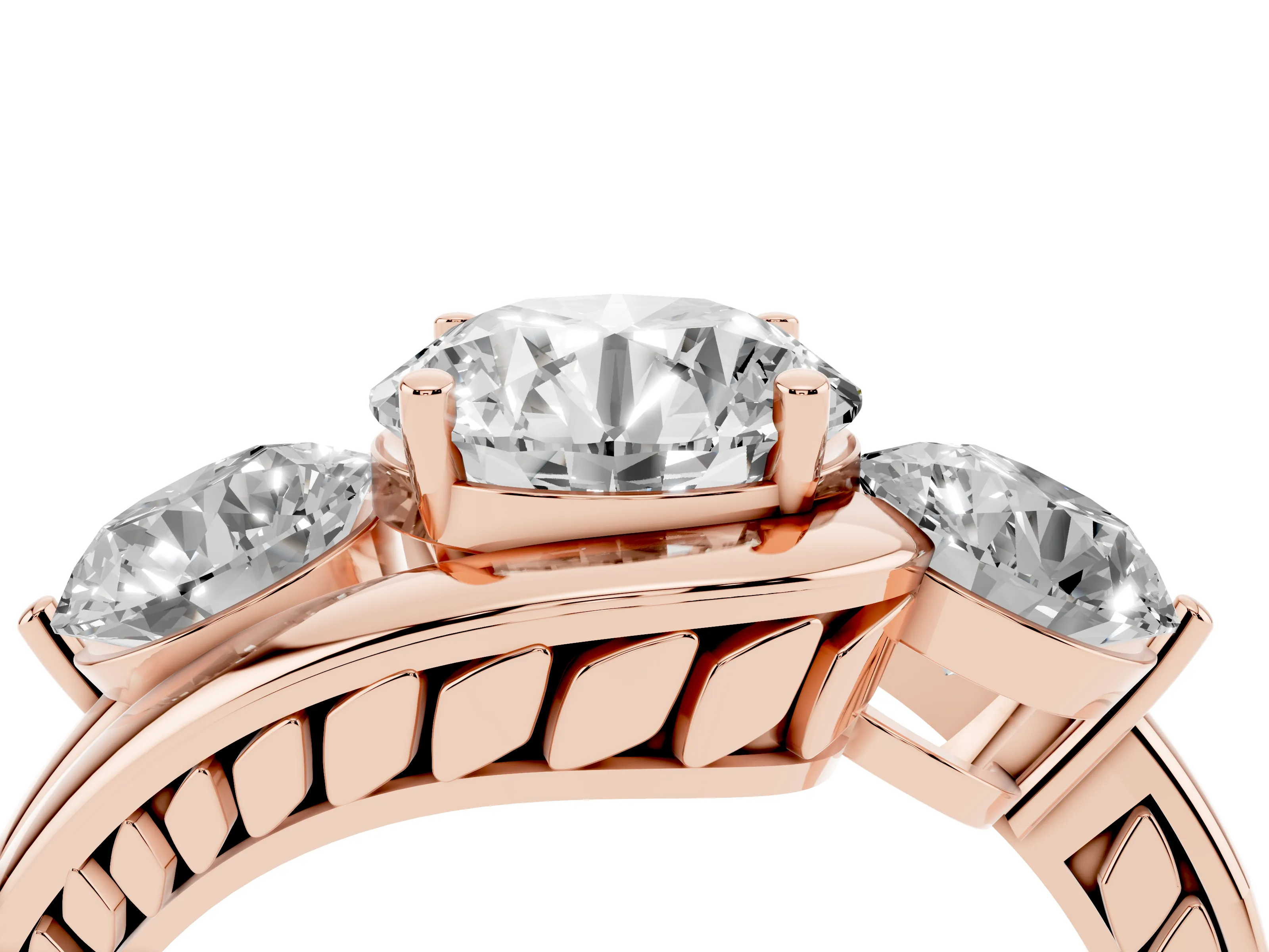 Round Cut Diamond Three-Stone Ring Set in Rose gold with Plain Split Shank