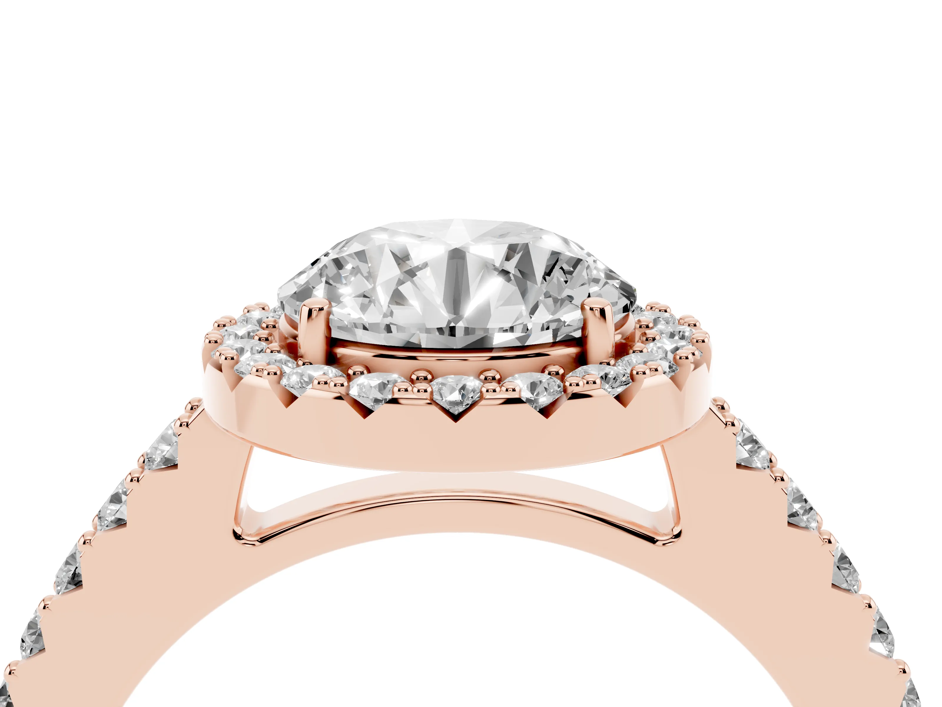 Round Cut Diamond Halo Pavé Solitaire Ring Set in Rose gold with Prong-Set Center Stone