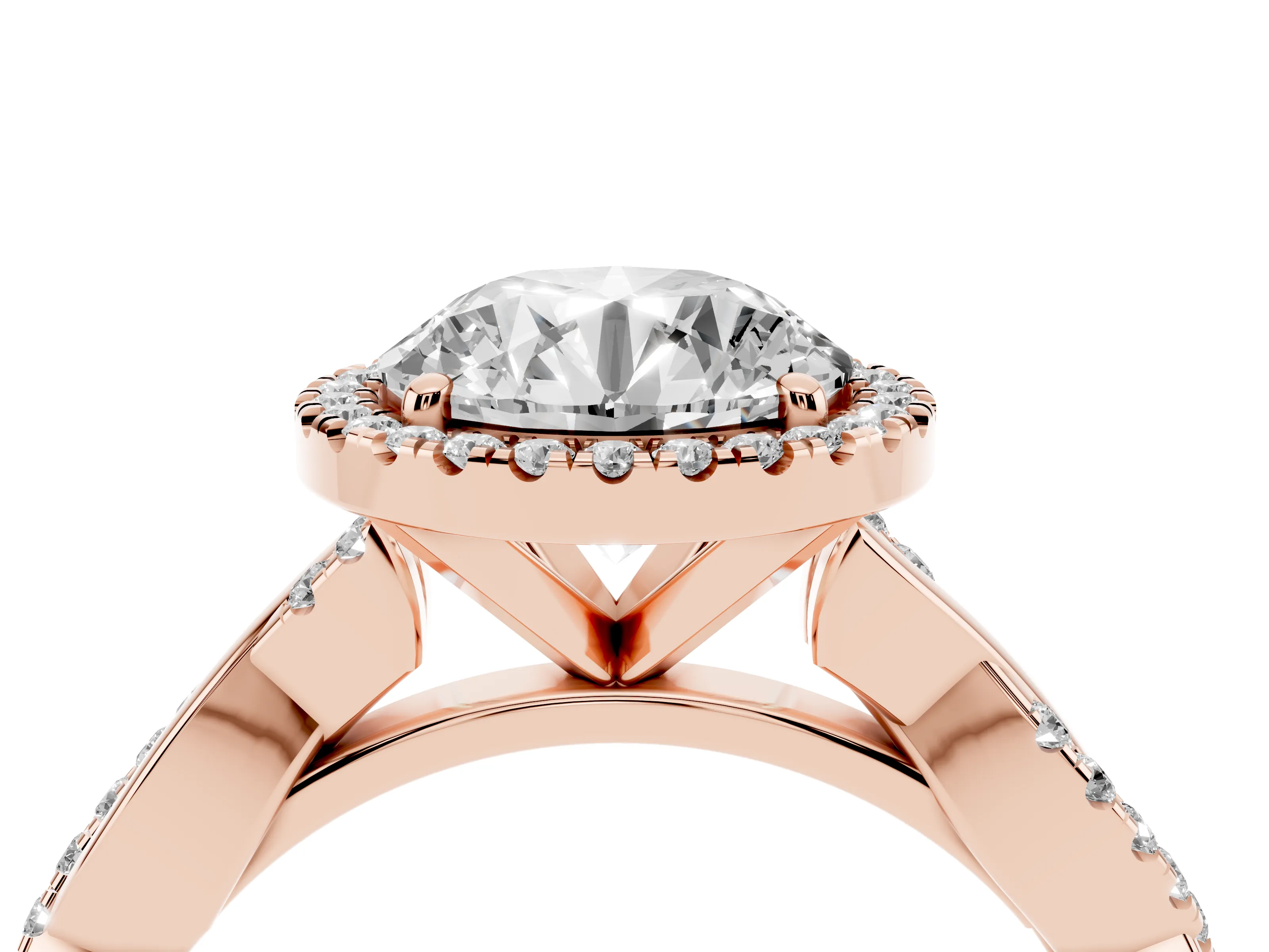 Round Cut Diamond Halo Twisted Band Ring Set in Rose gold with Prong Setting