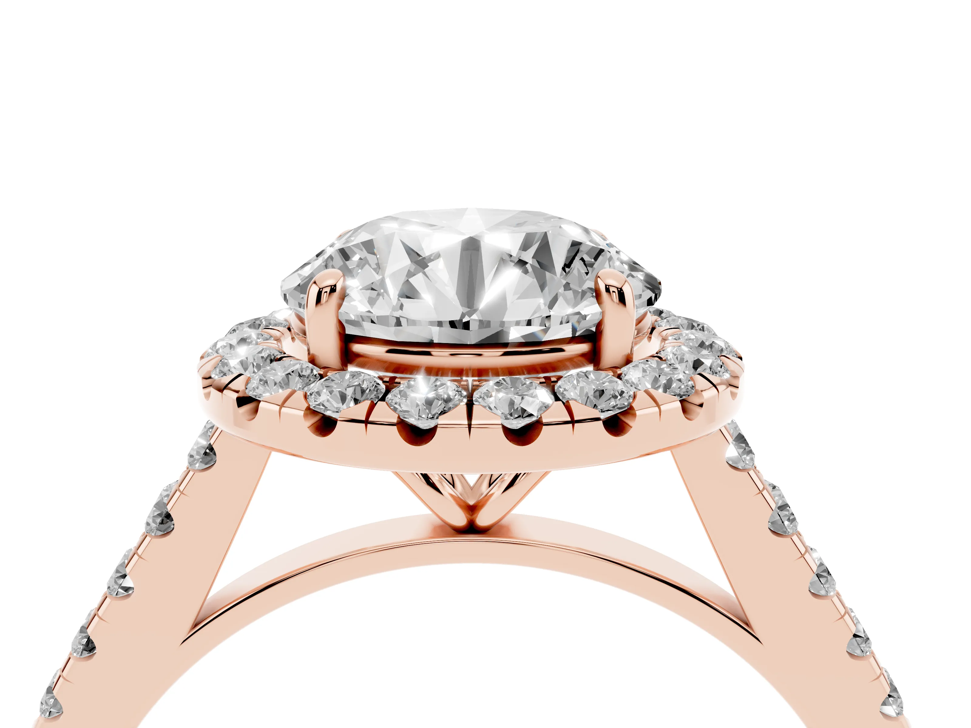 Round Cut Diamond Halo Pavé Engagement Ring Set in Rose gold with Prong Setting