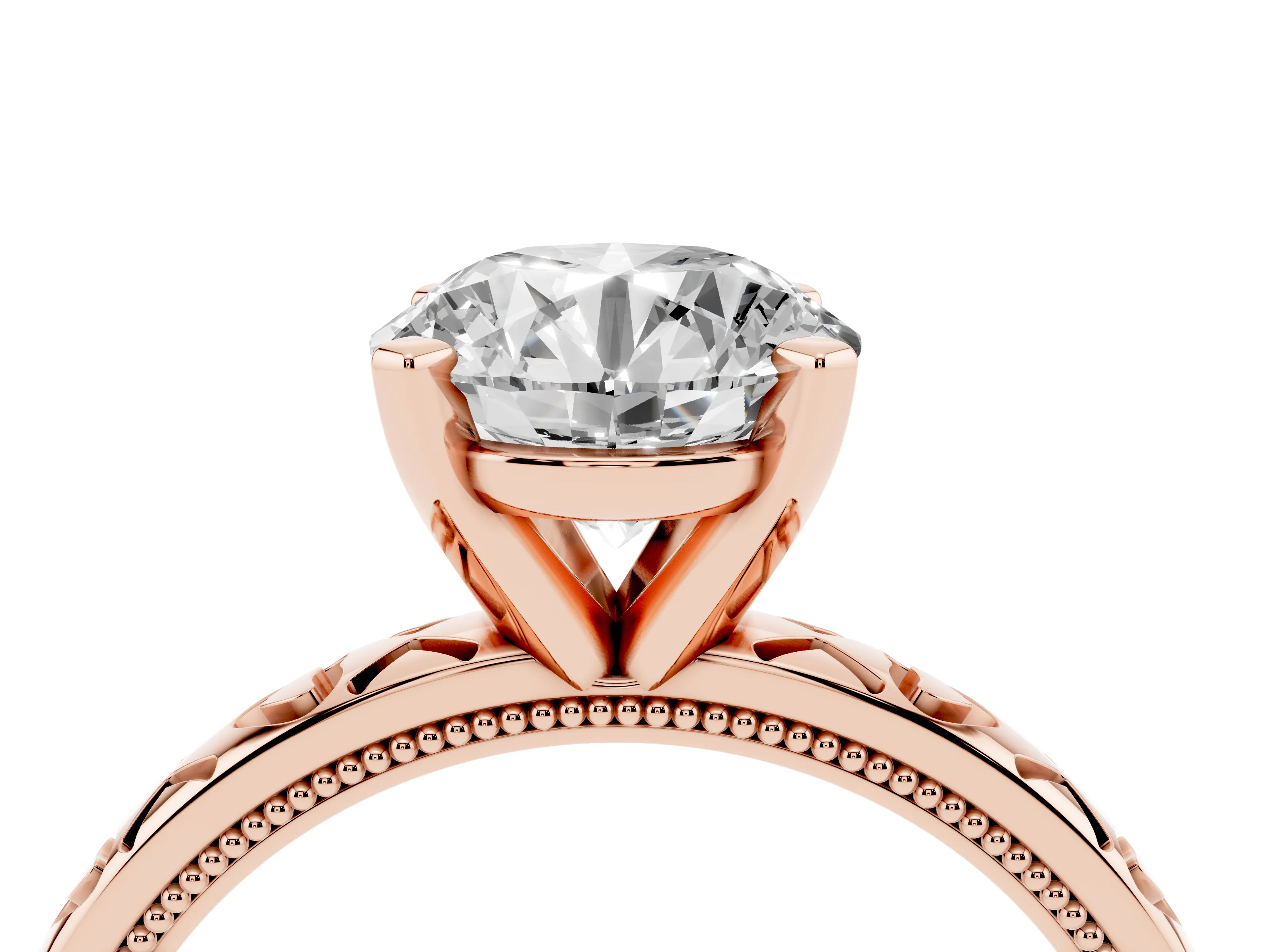 Round Cut Diamond Solitaire Engagement Ring Set in Rose gold with XO Engraved Band and Prong Setting