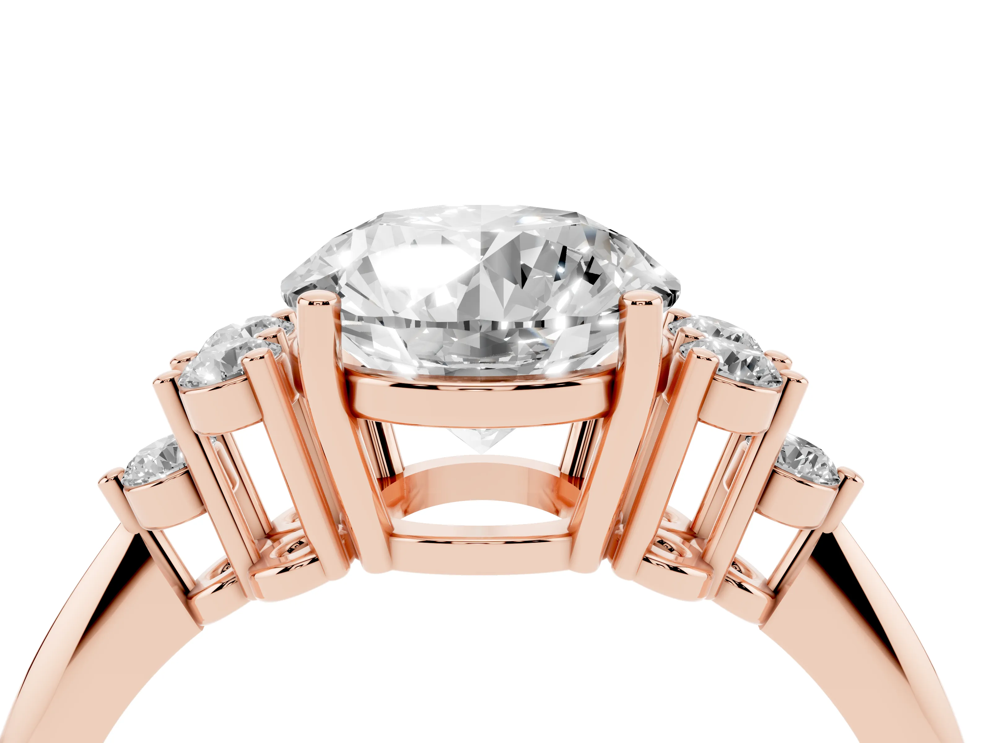 Round Cut Diamond Cluster Ring Set in Rose gold with Plain Band and Prong Setting