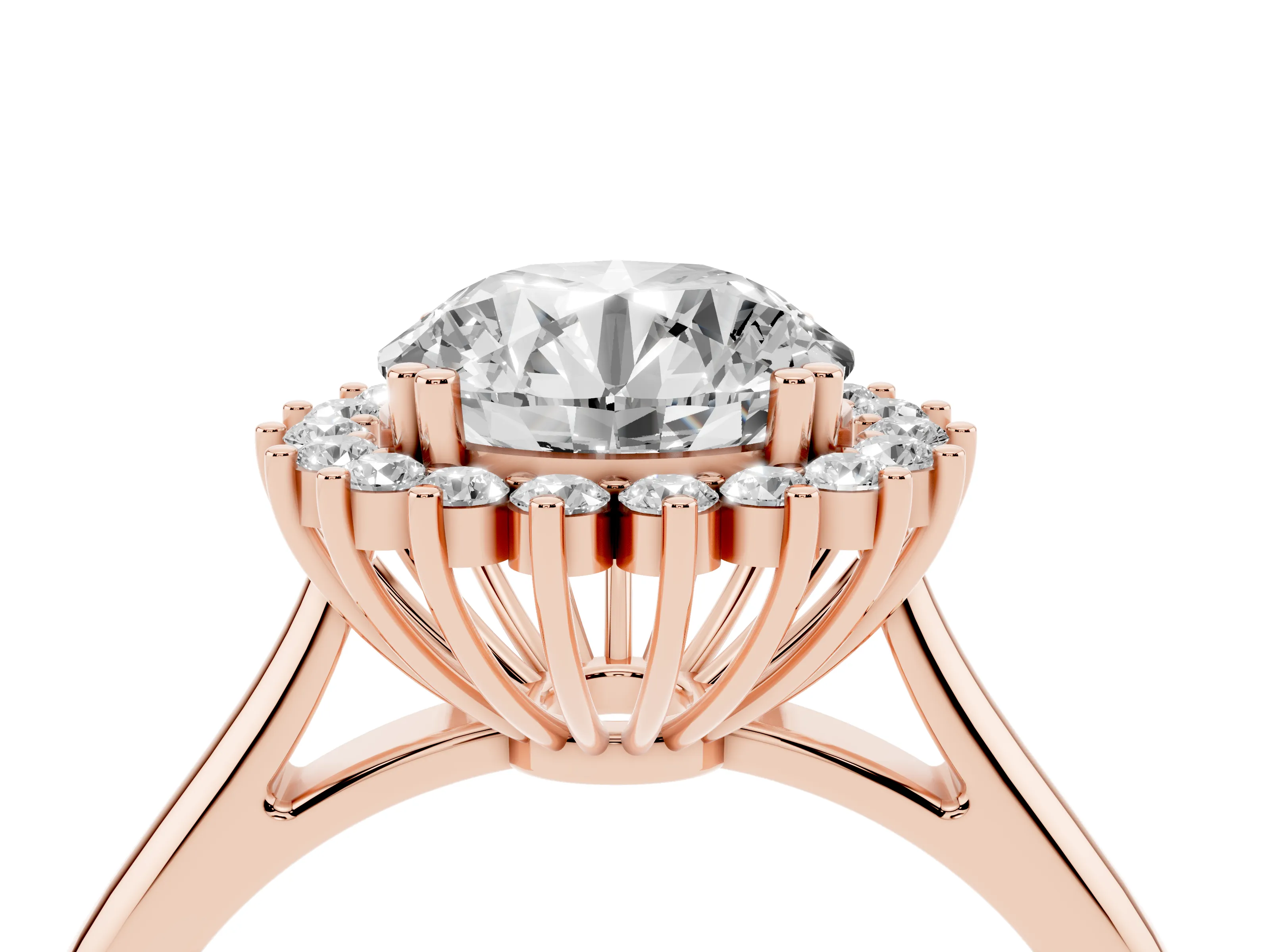Round Cut Diamond Halo Ring Set in Rose gold with Plain Solitaire Band and Prong Setting