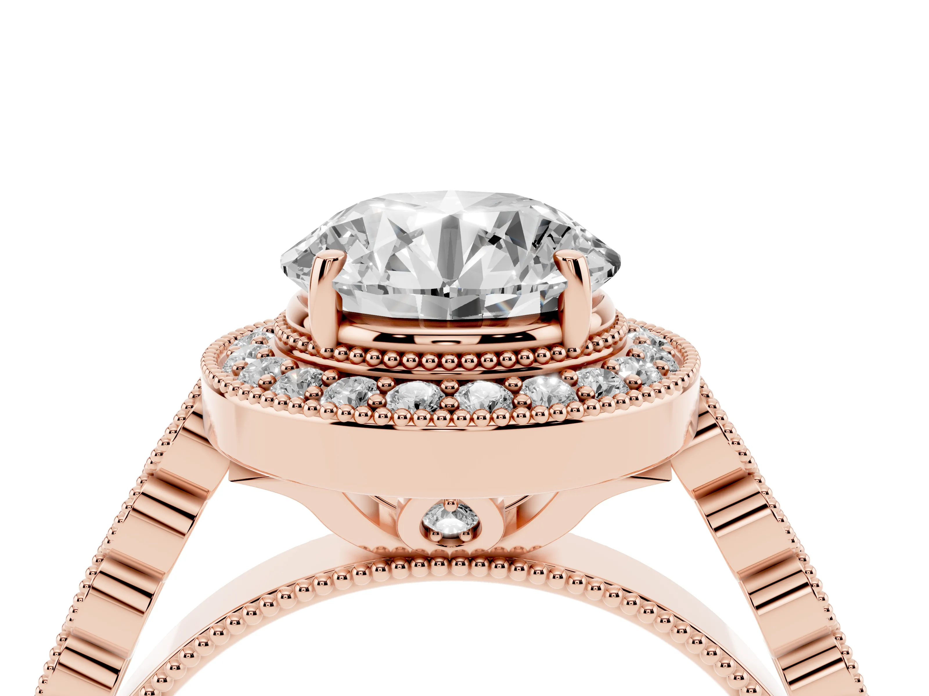 Round Cut Diamond Milgrain Halo Solitaire Ring Set in Rose gold with Bezel Set Side Stones and Pavé Band