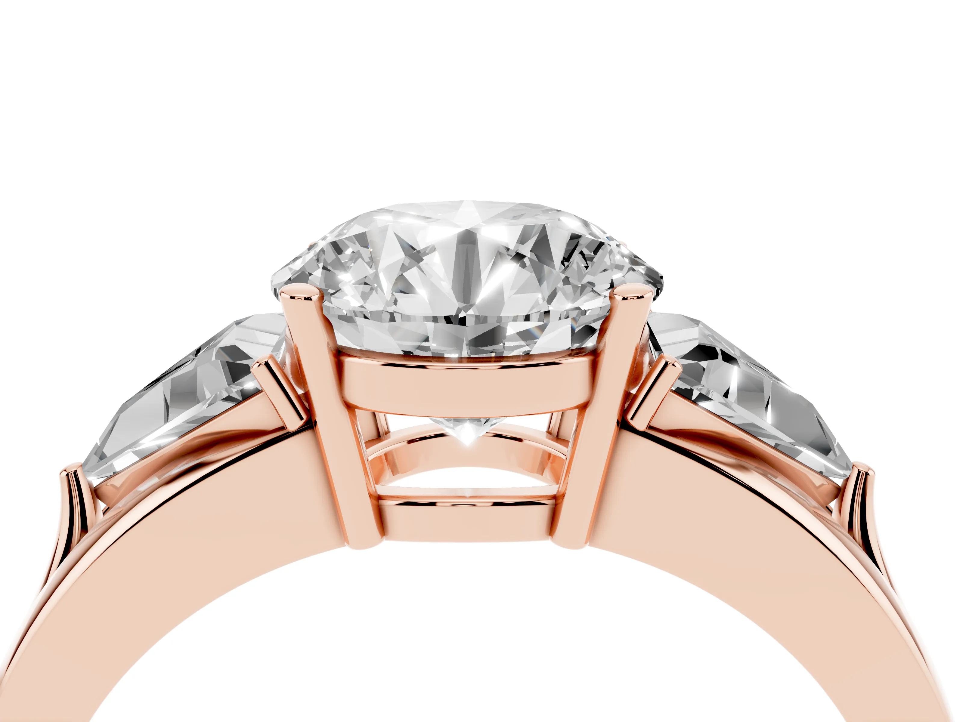 Round Cut Diamond Three-Stone Ring Set in Rose gold with Trillion Side Stones and Split Shank
