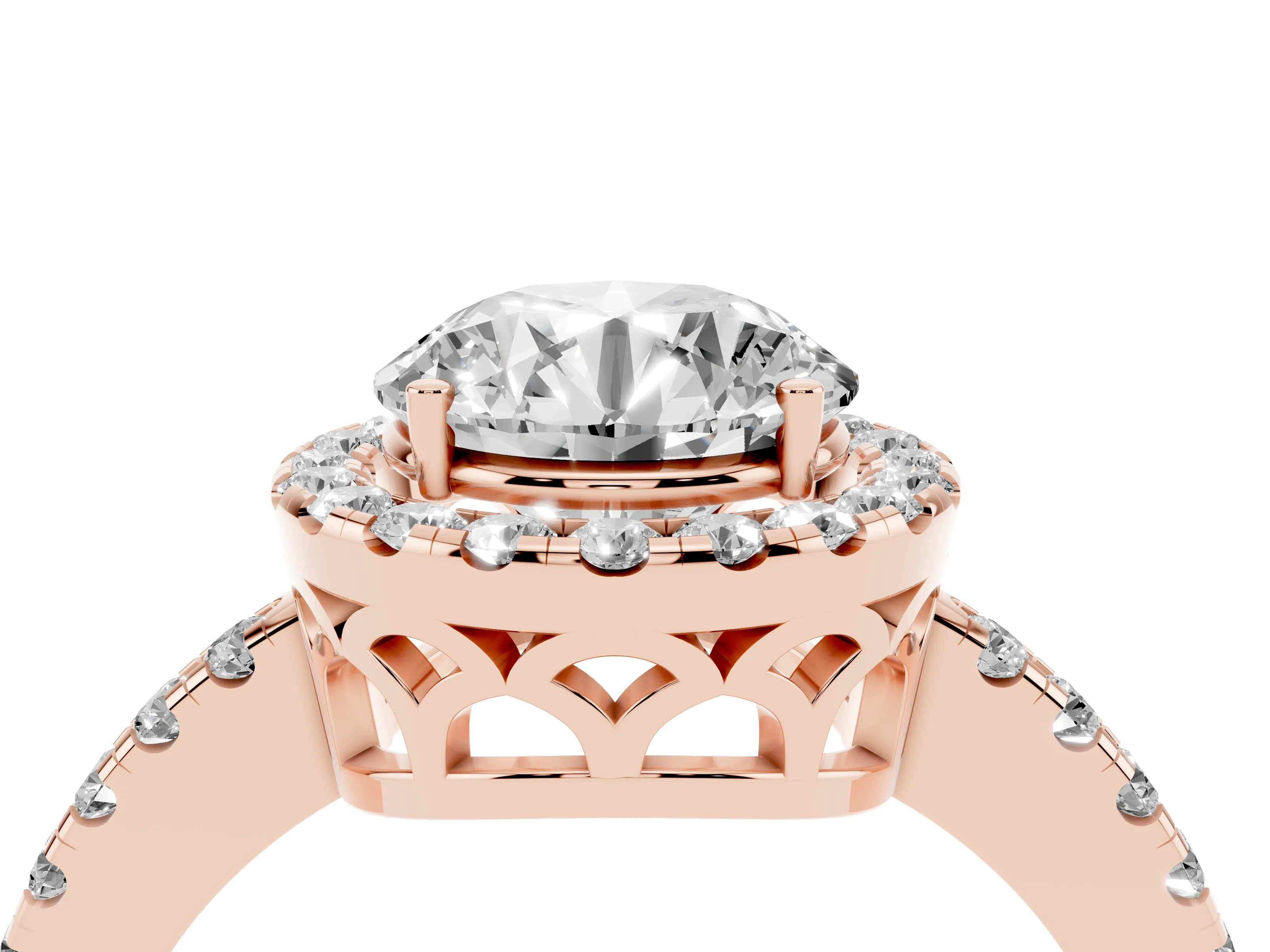 Round Cut Diamond Pavé Band Halo Engagement Ring Set in Rose gold with Prong Setting