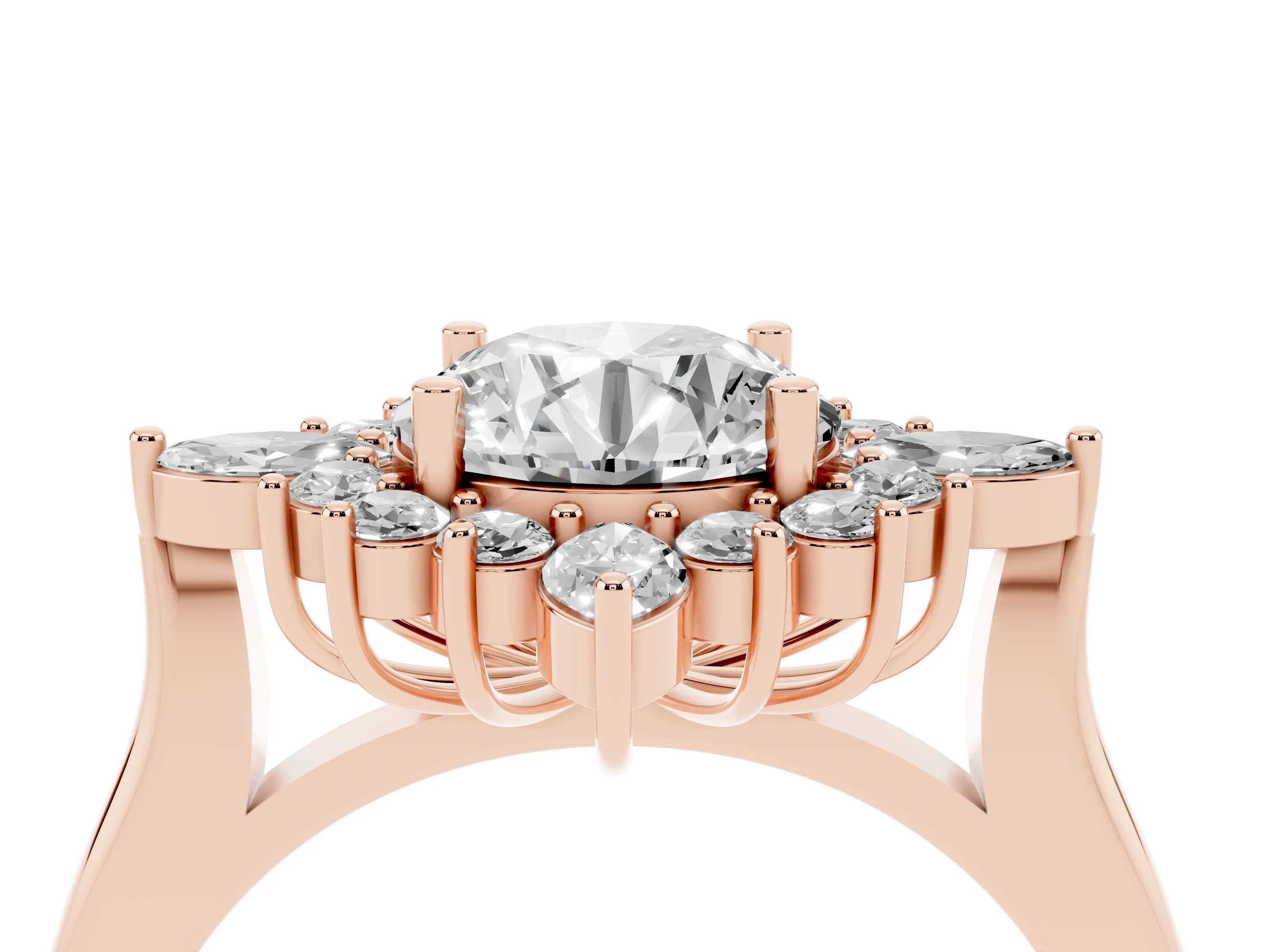 Round Cut Diamond Cluster Halo Ring Set in Rose gold with Marquise and Round Accents