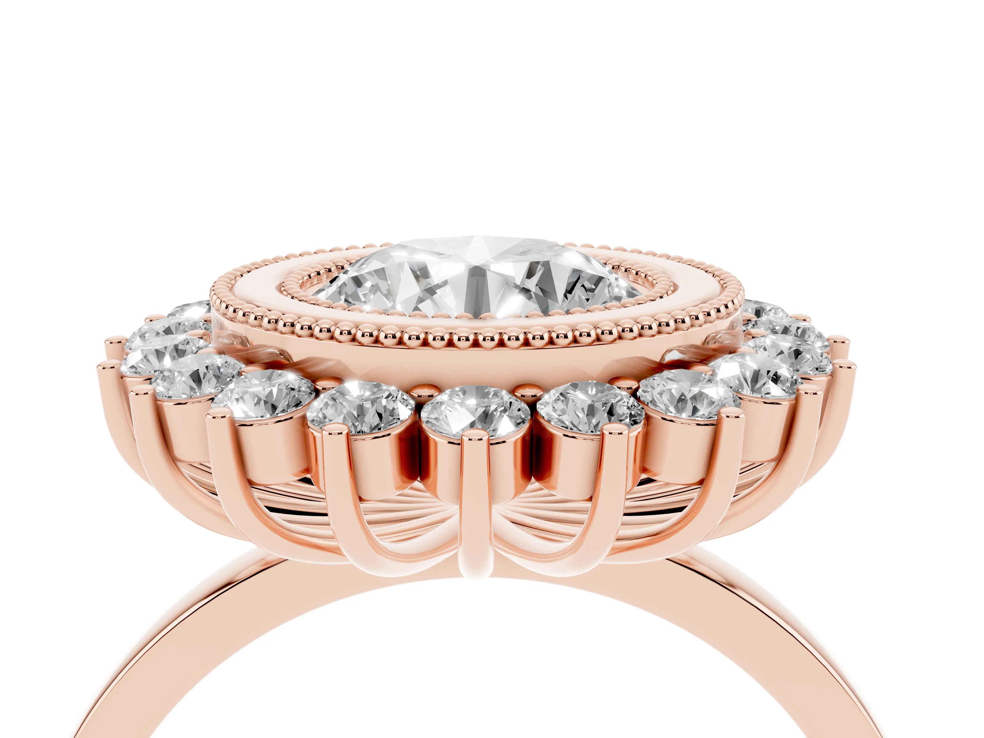 Round Cut Diamond Halo Ring Set in Rose gold with Milgrain Edge and Round Prong Setting
