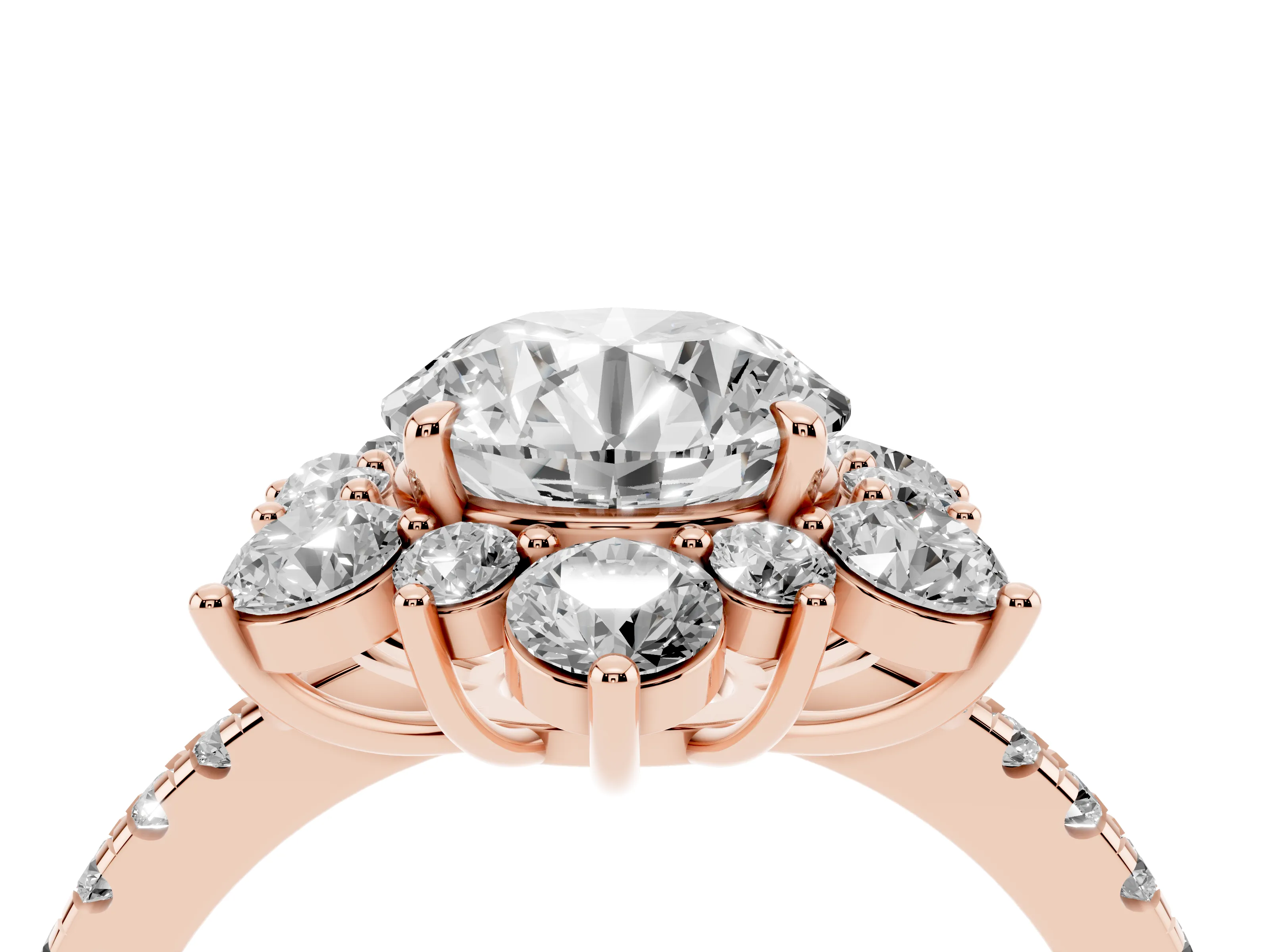 Round Cut Diamond Floral Halo Ring Set in Rose gold with Round Pavé Band and Prong Setting