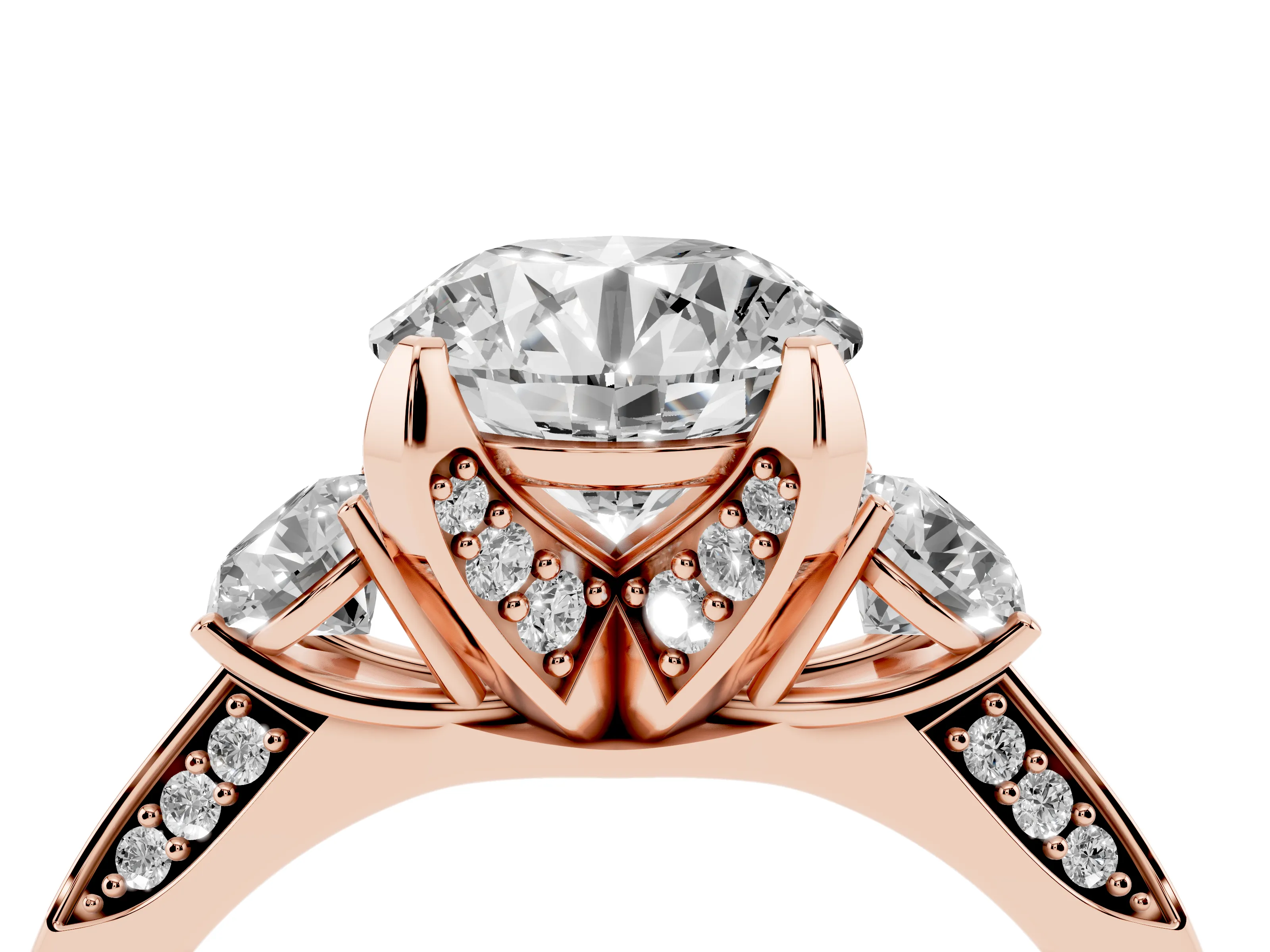 Round Cut Diamond Three-Stone Ring Set in Rose gold with Pavé Band and Smaller Side Stones