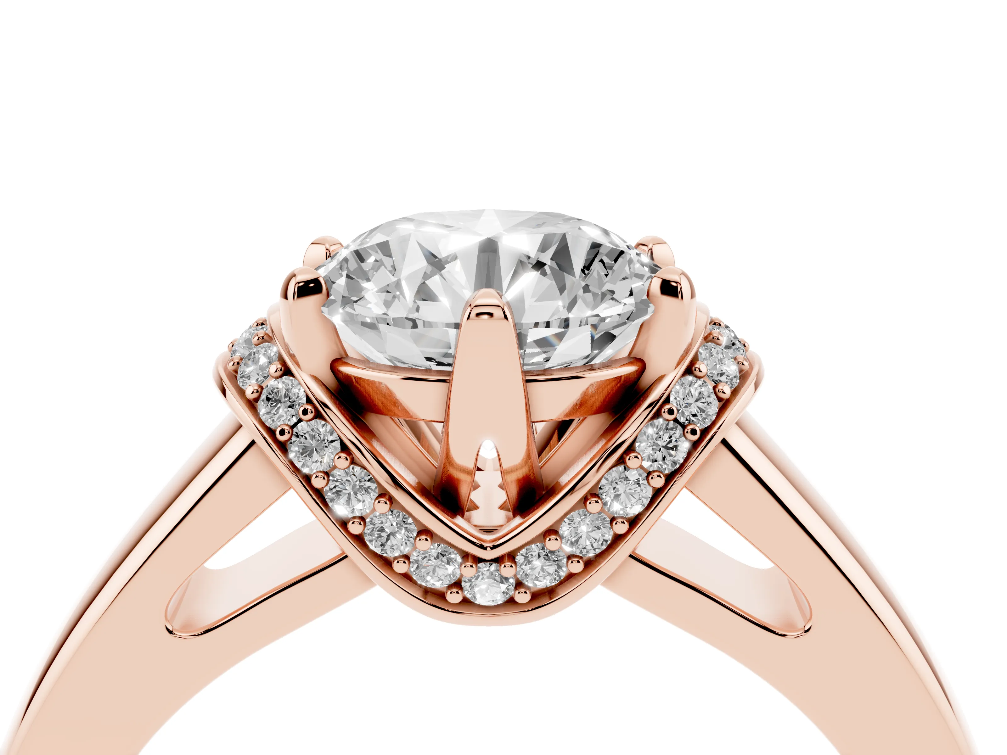 Round Cut Diamond Pavé Band Solitaire Ring Set in Rose gold with Prong Setting