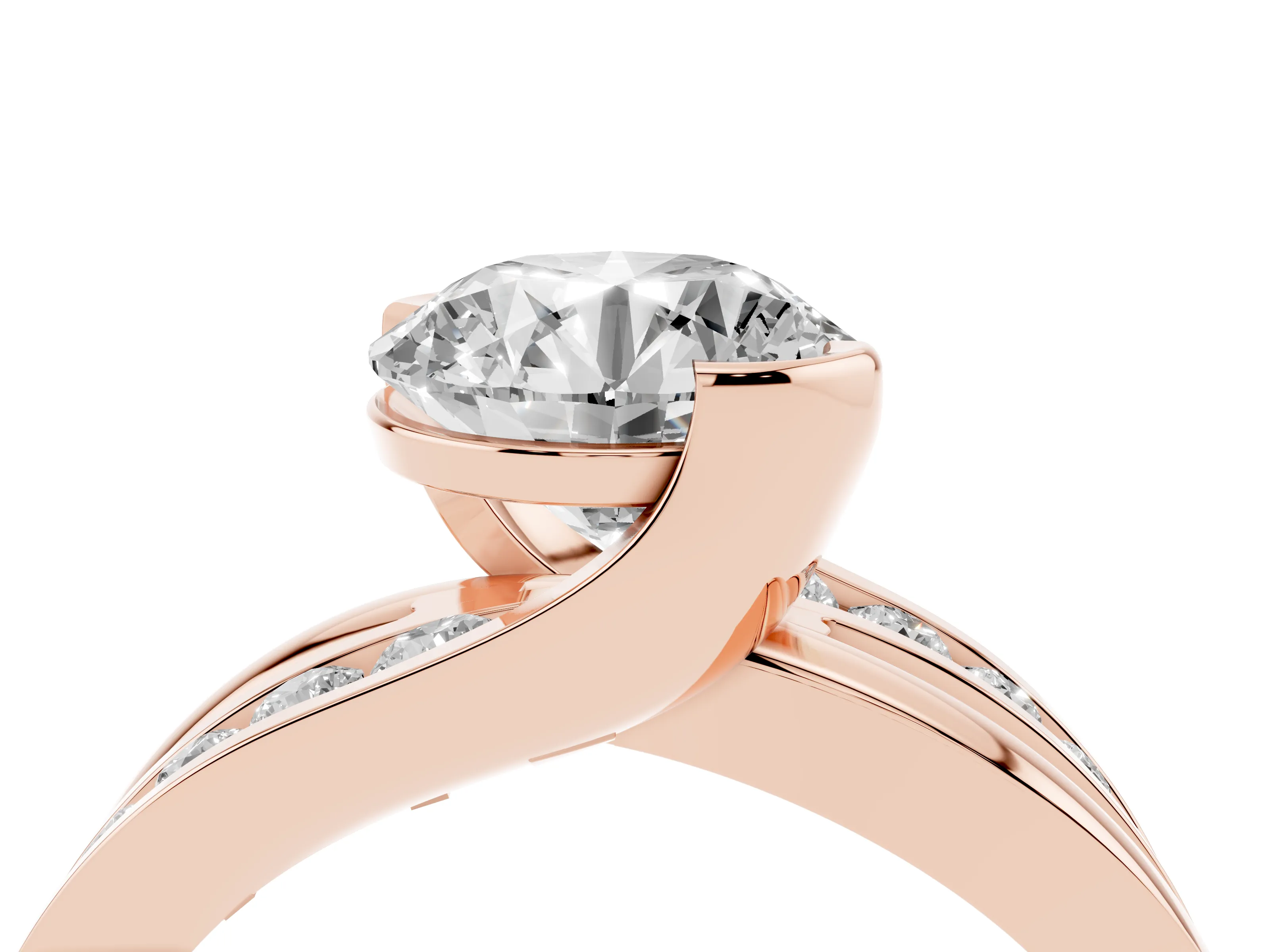 Round Cut Diamond Solitaire Ring Set in Rose gold with Channel Set Split Shank and Tension Prongs