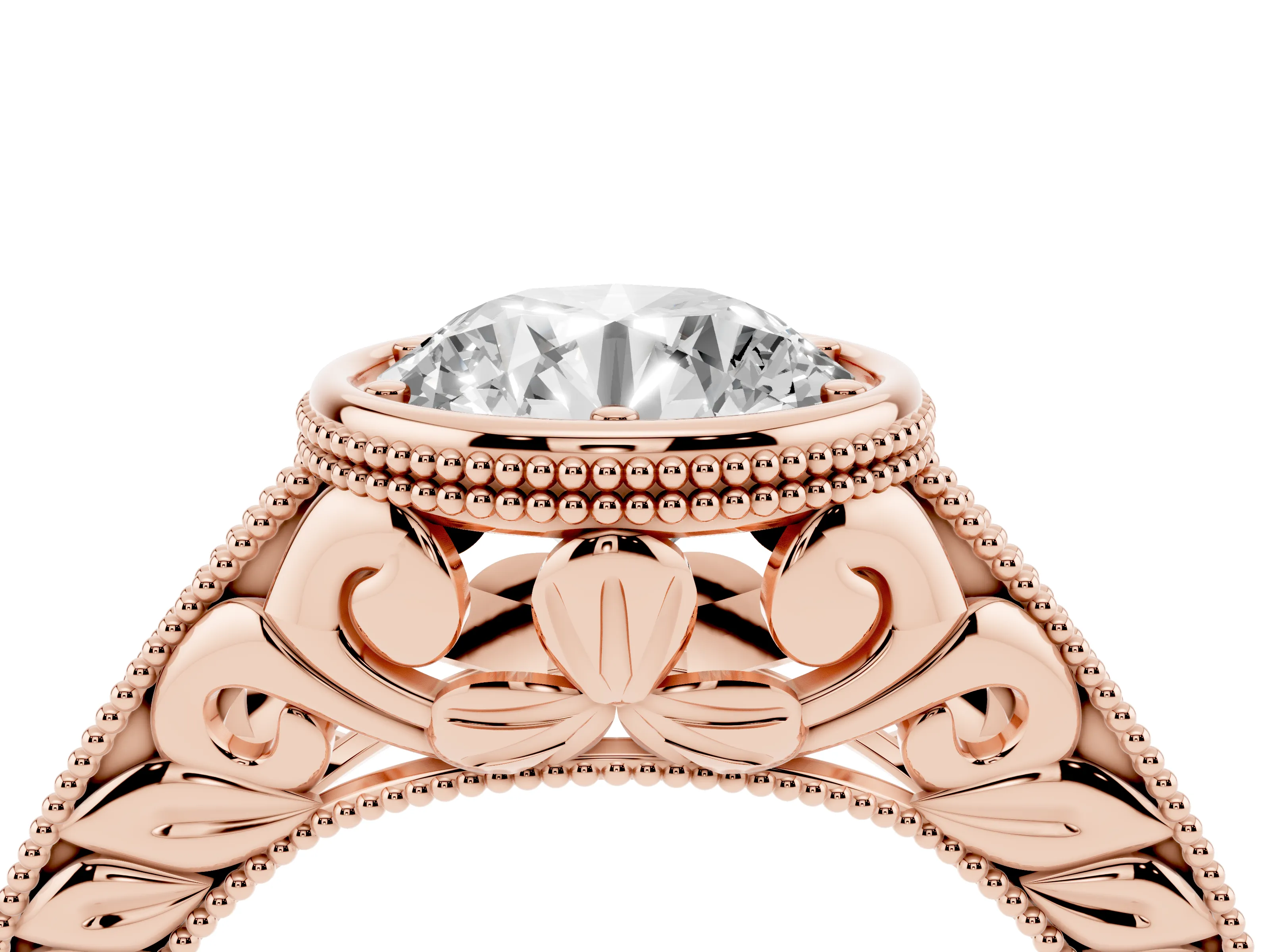 Bezel Set Round Cut Diamond Milgrain Pavé Engagement Ring Set in Rose gold