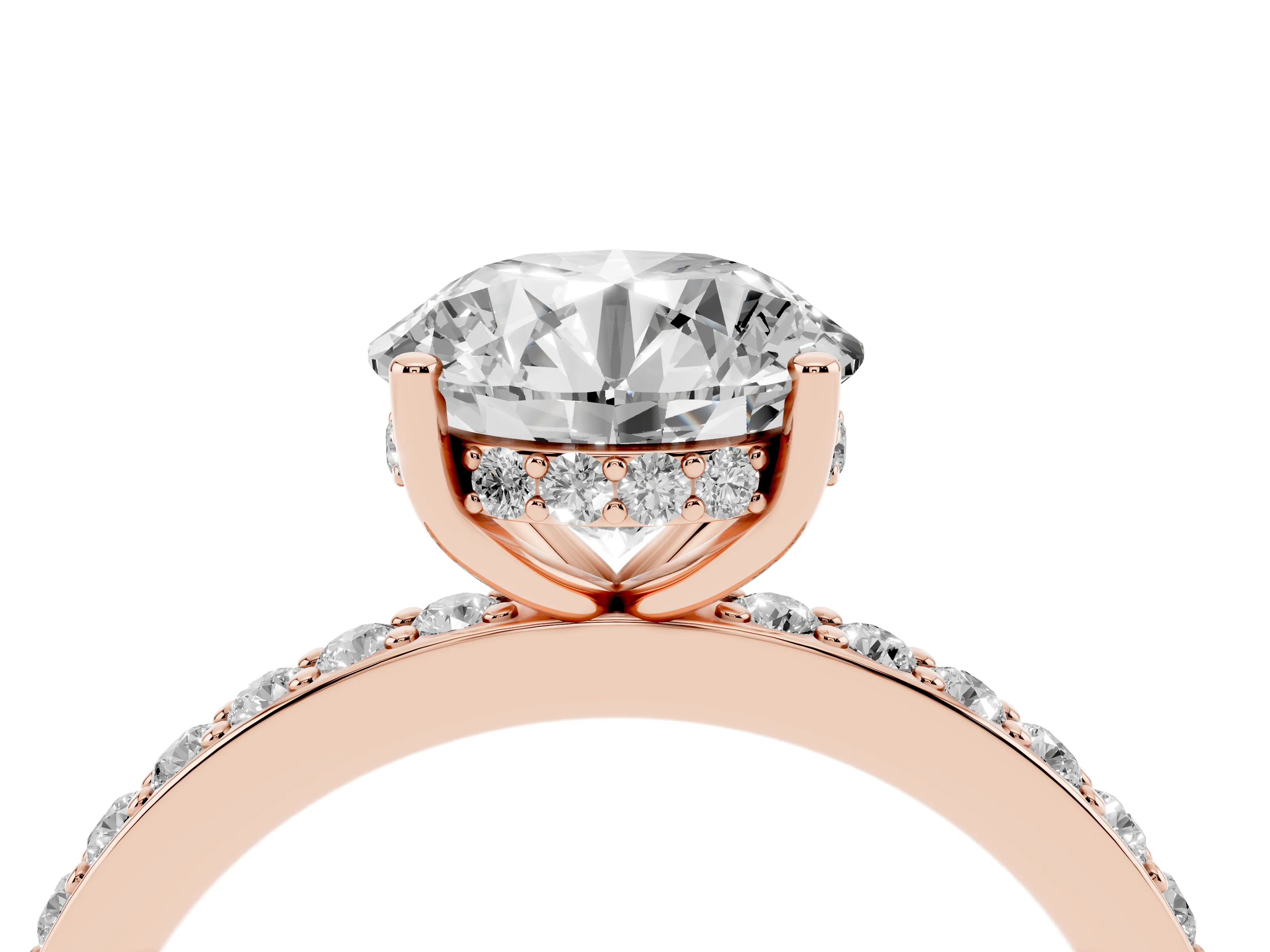 Round Cut Diamond Pavé Band Ring Set in Rose gold with Prong-Set Center Stone