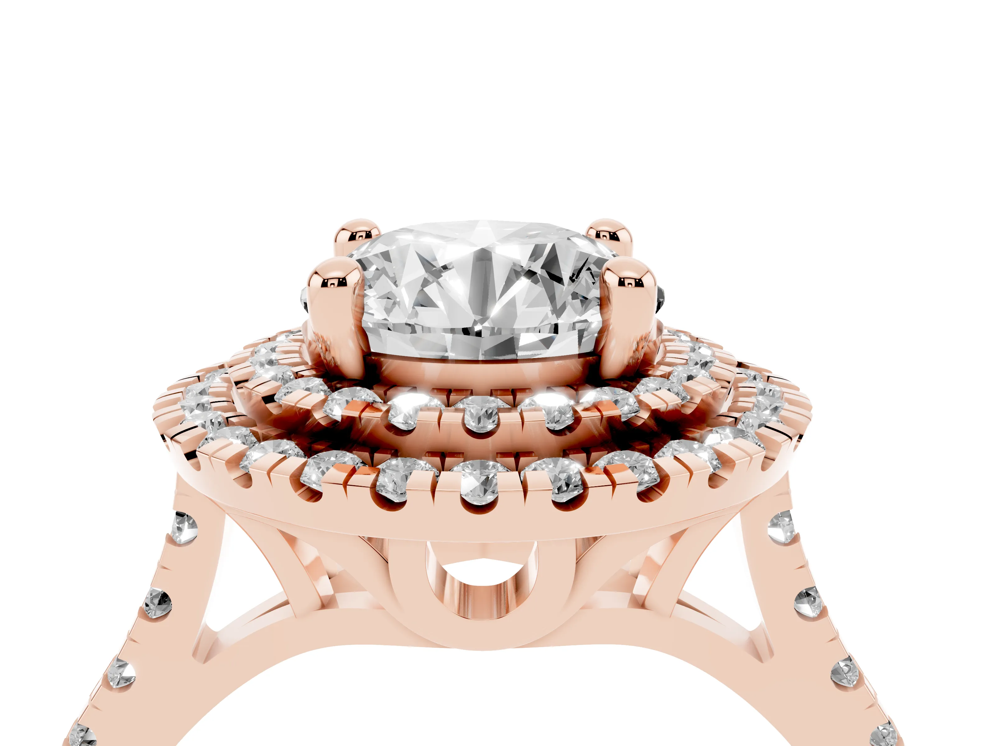 Round Cut Diamond Double Halo Statement Ring Set in Rose gold with Pavé Band