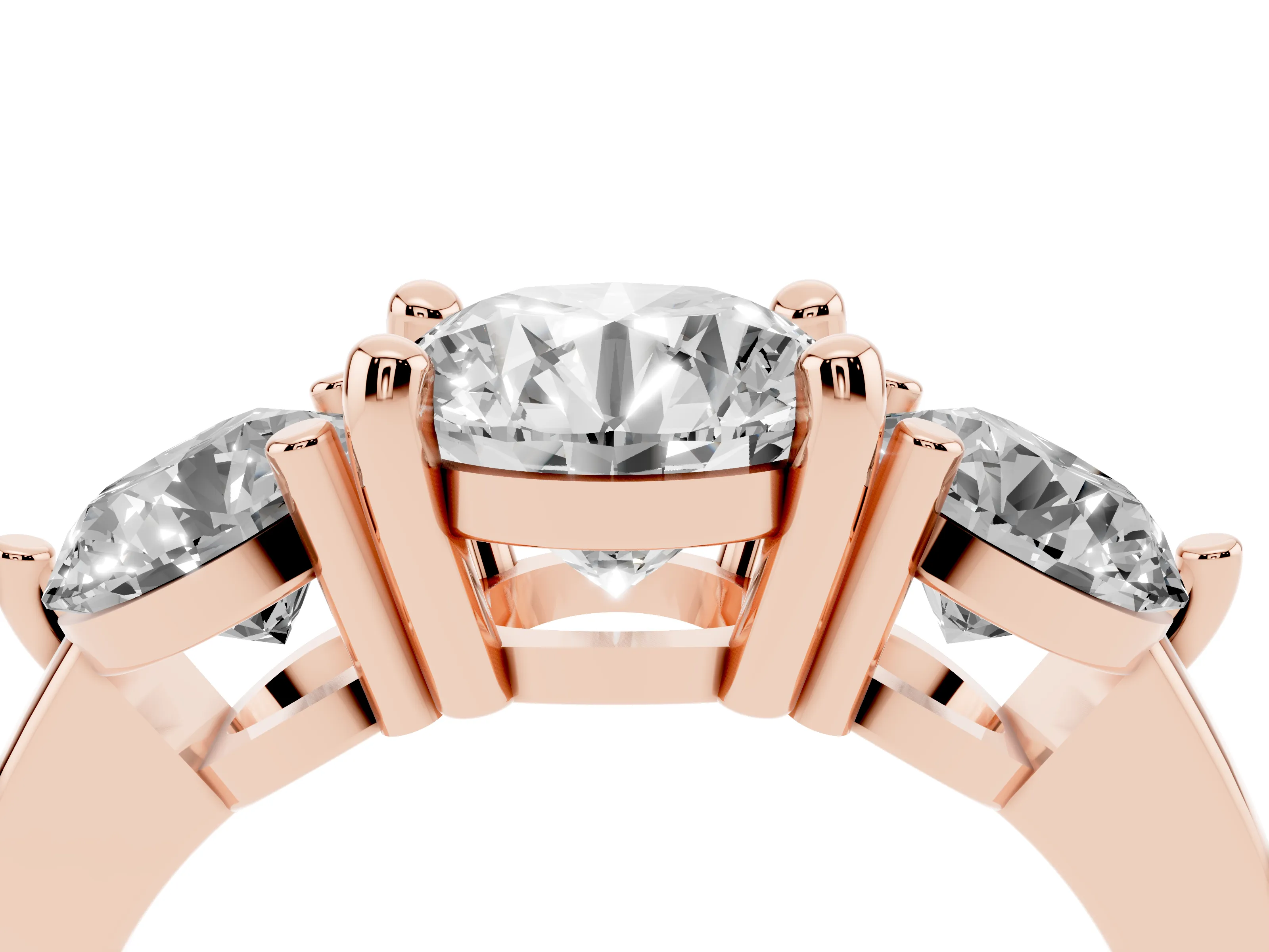 Round Cut Diamond Three-Stone Ring Set in Rose gold with Prong Setting and Classic Band