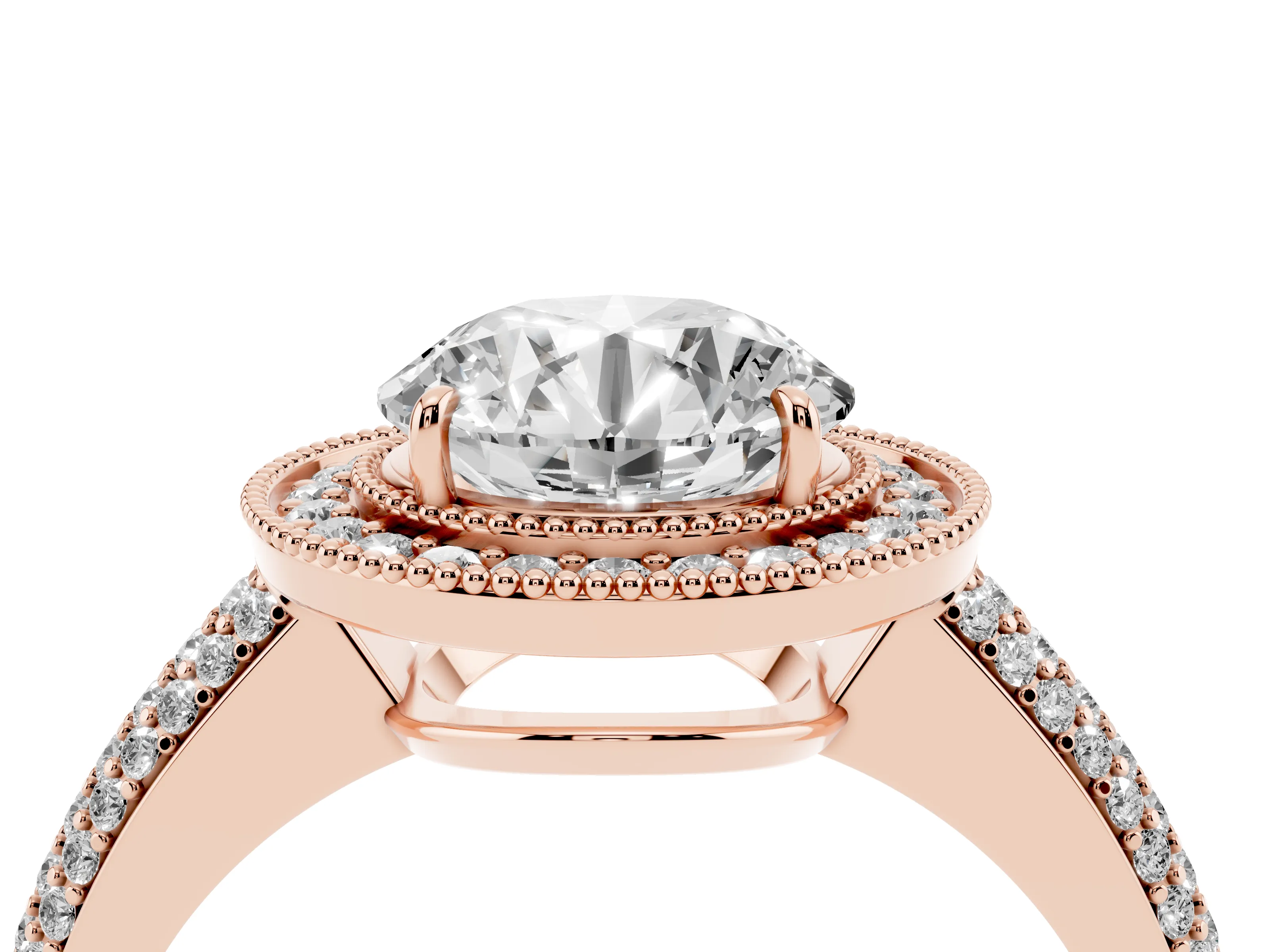 Round Cut Diamond Halo Pavé Band Set in Rose gold with Prong Setting