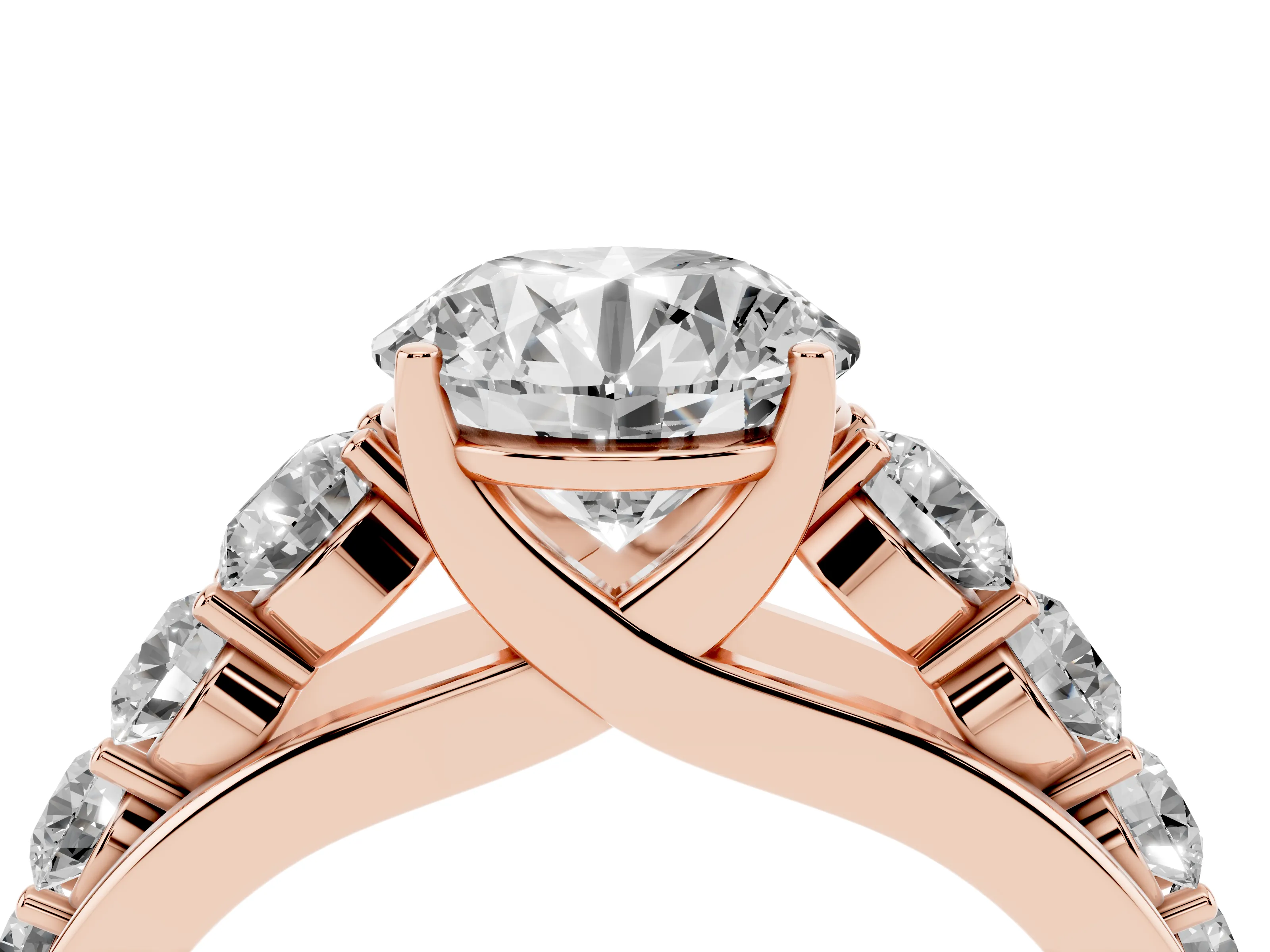 Round Cut Diamond Solitaire Ring Set in Rose gold with Pavé-Set Band and Prong Setting
