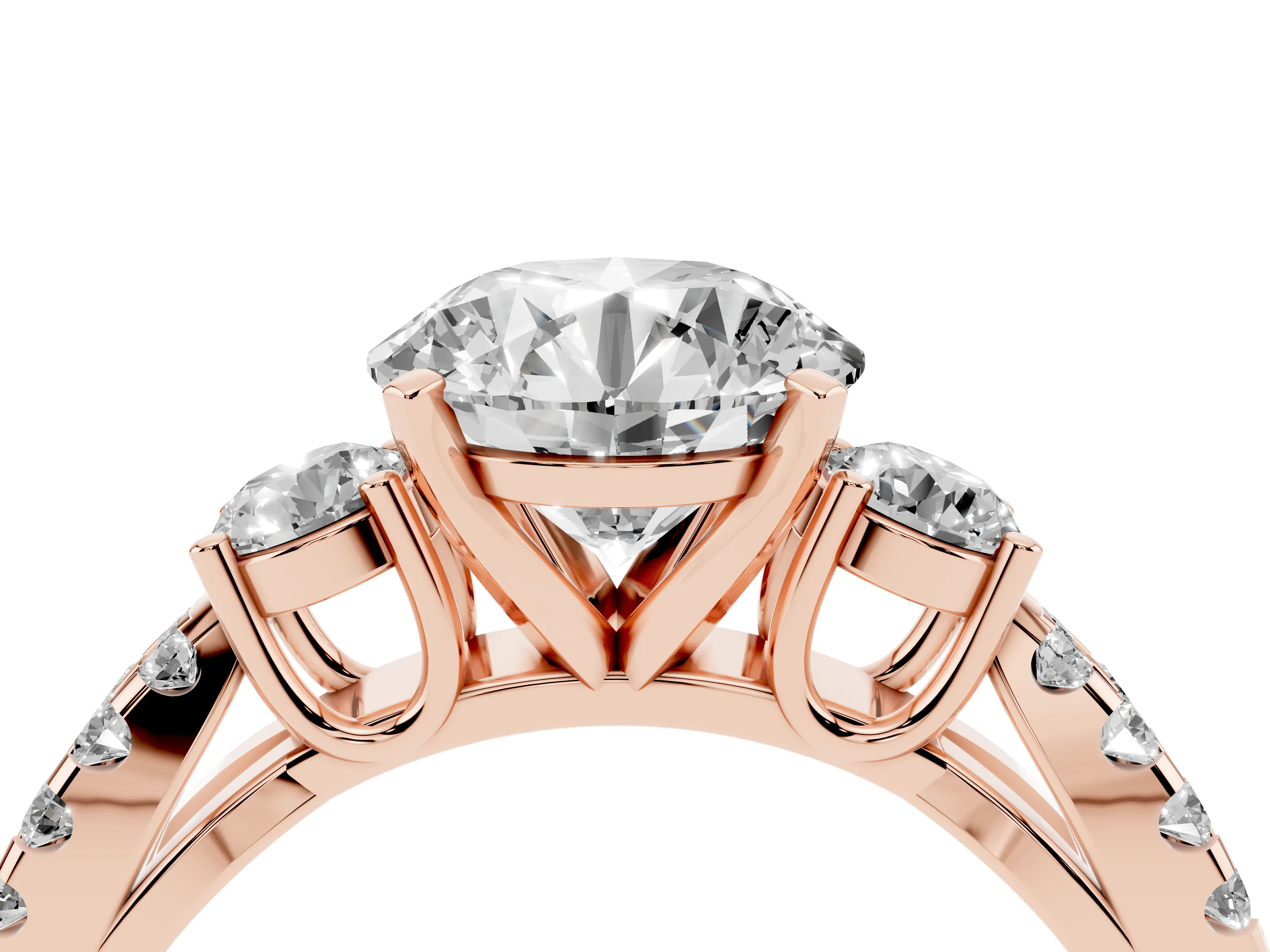 Round Cut Diamond Three-Stone Ring Set in Rose gold with Pavé Split Shank and Prong Setting