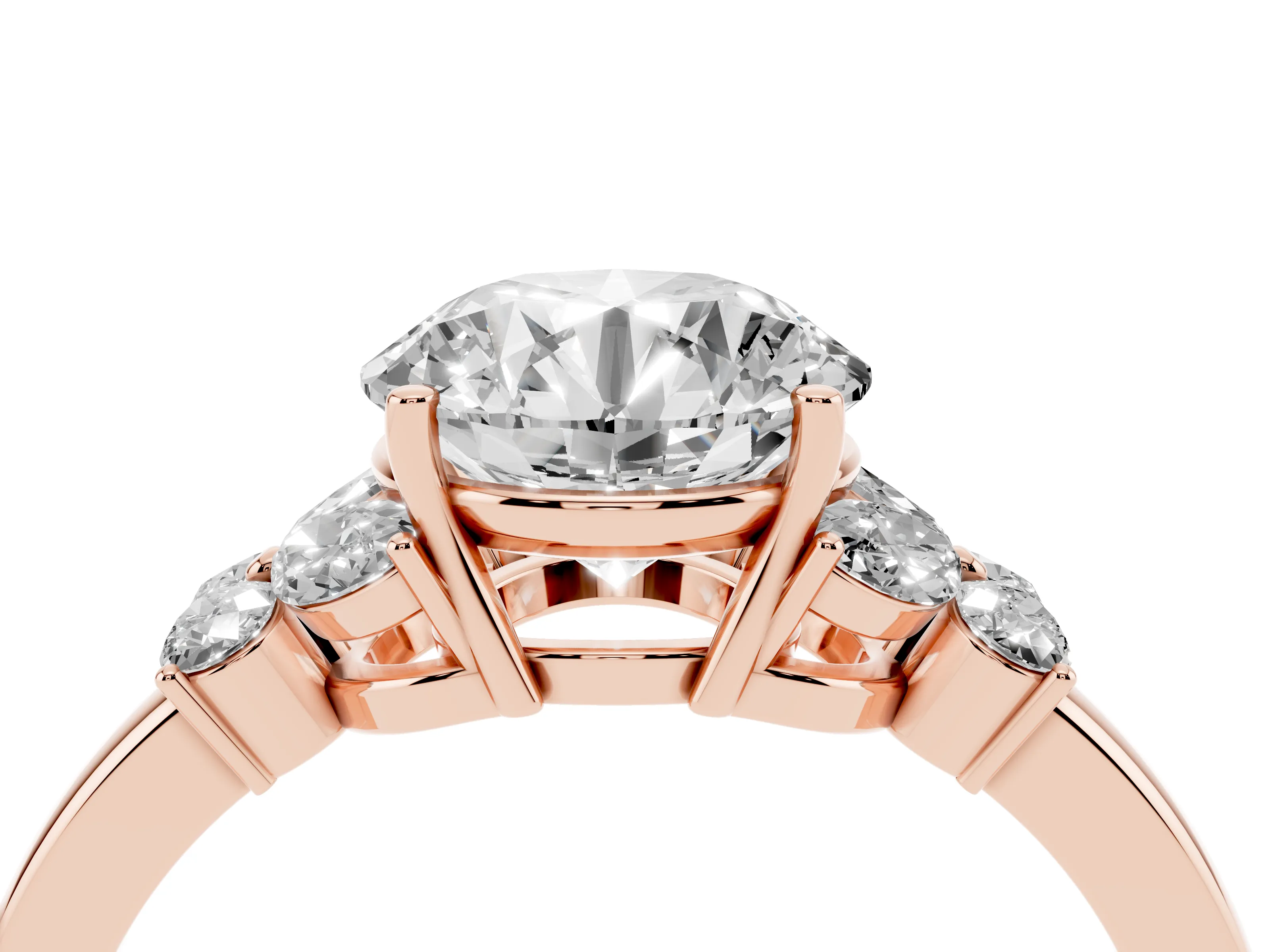 Round Cut Diamond Solitaire Floral Ring Set in Rose gold with Marquise Petals and Prong Setting